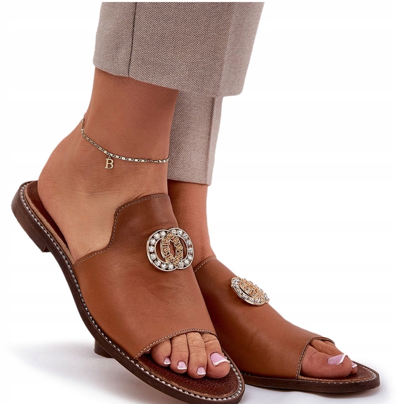 Dámské Elegantní Kožené Nazouváky S Ozdobou Zazoo 3008 Camel 37