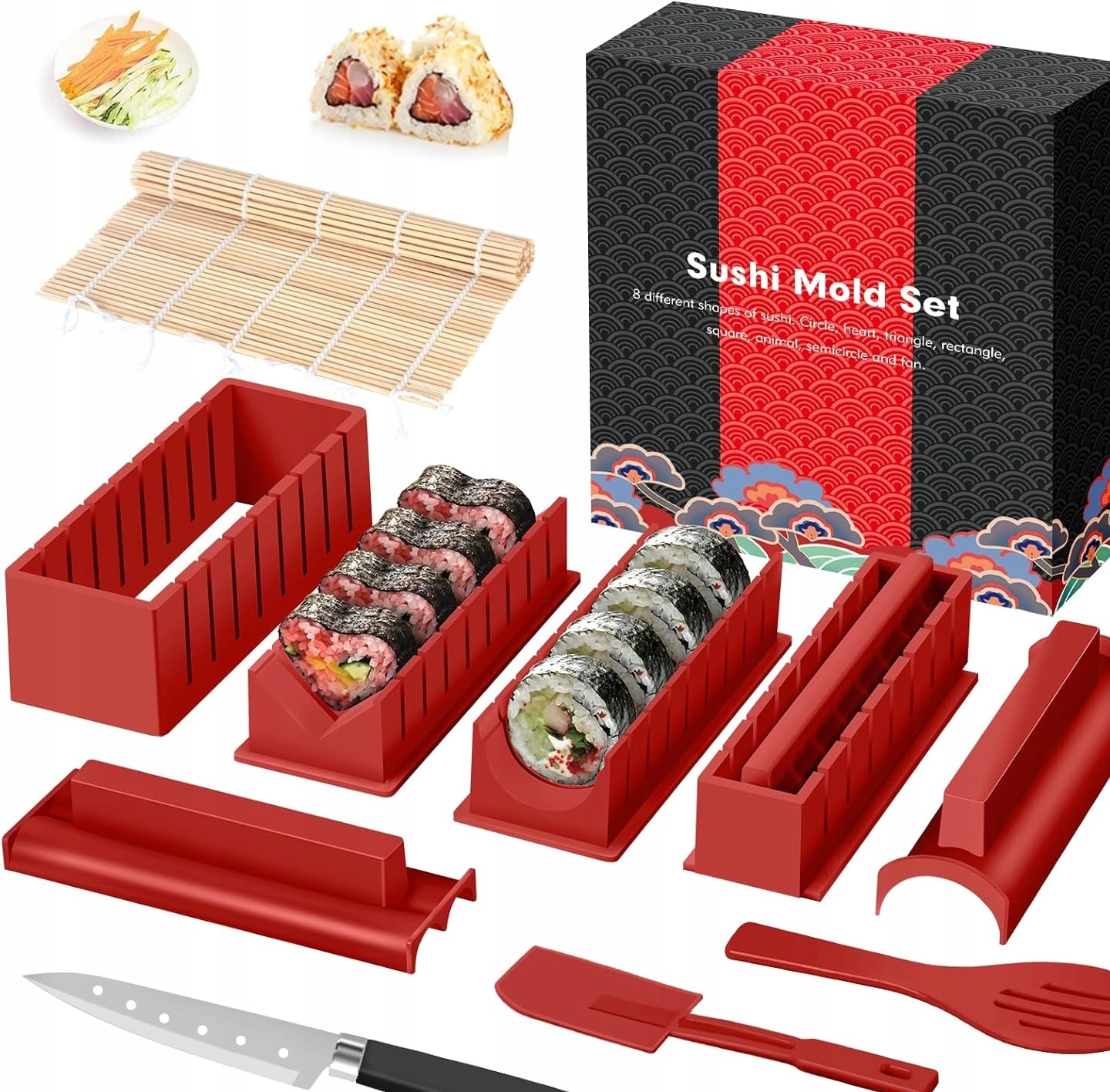 Sada Na Sushi 12 Dílků – Pro Začátečníky Formičky Podložka Nůž Červená