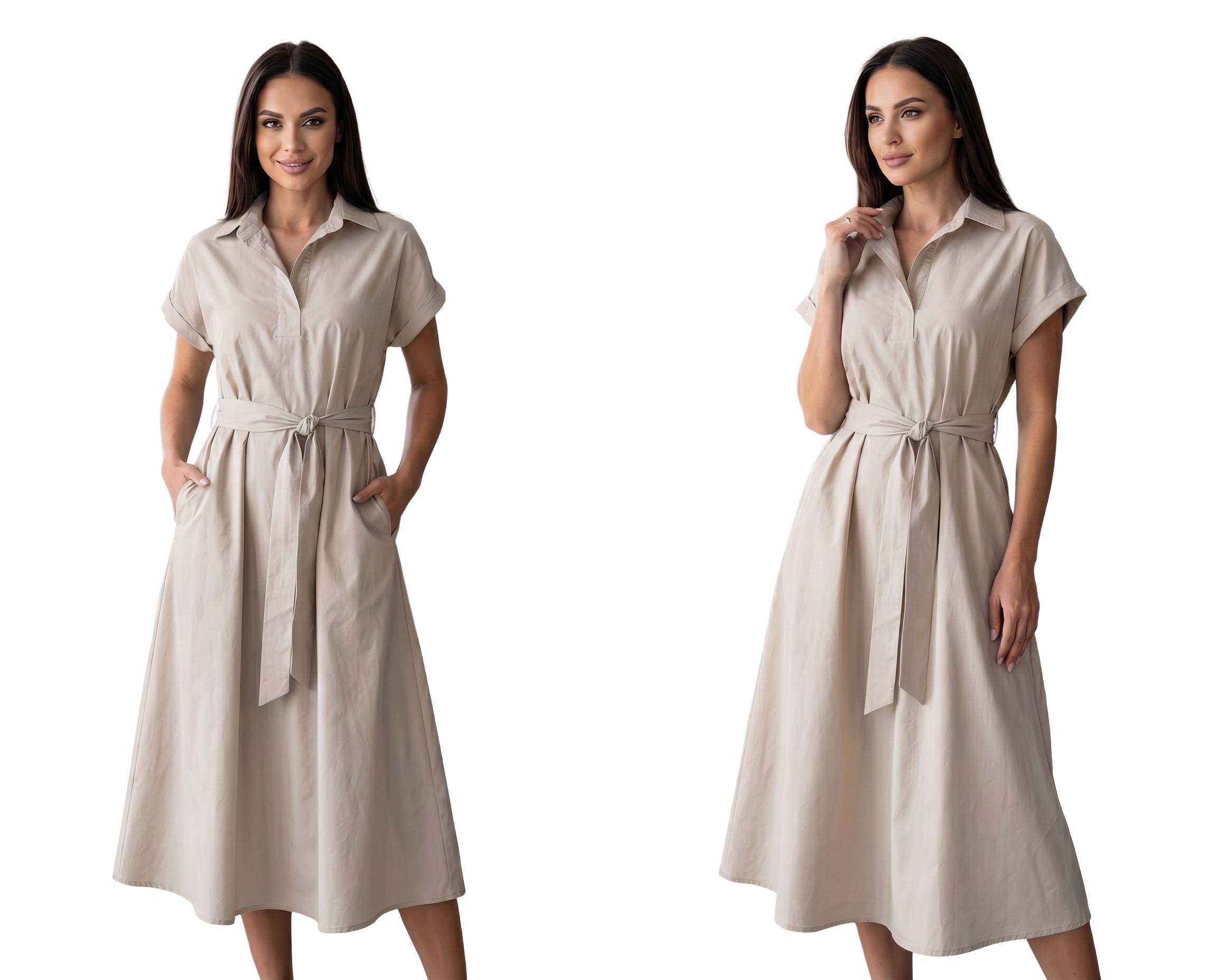 Šaty Košilové Maxi Elegantní Dlouhé Vzdušné Pásek Kapsy Béžové