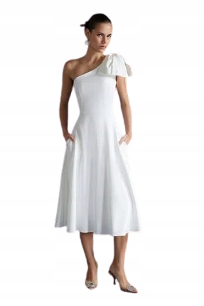 Trendyol Bílá Šaty MIDI Na Jedno Rameno S Volánem 38 5BC