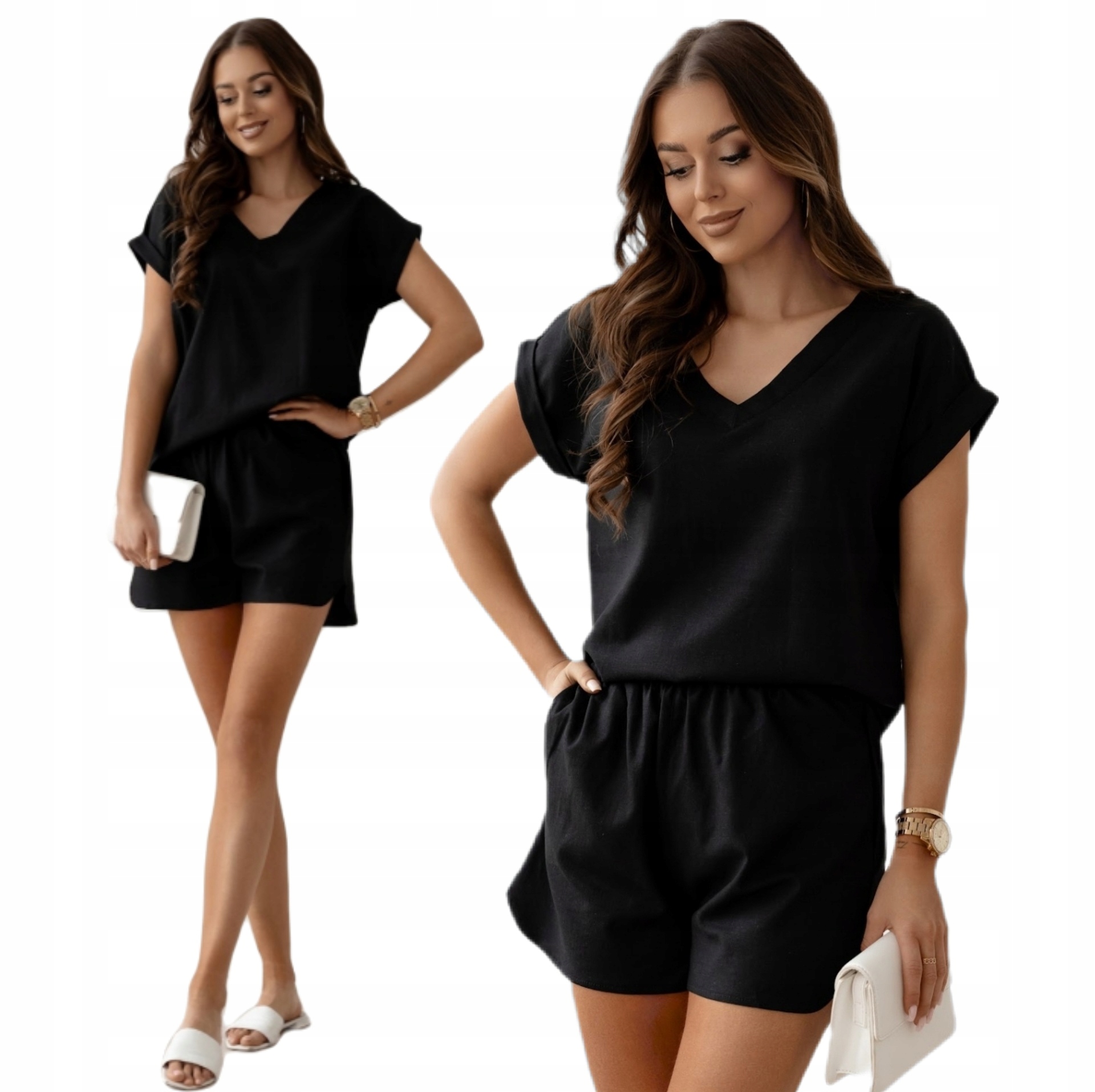 Komplet Lniany Szorty Bluzka W Serek Krótki Rękaw Spodenki Premium Czarny L