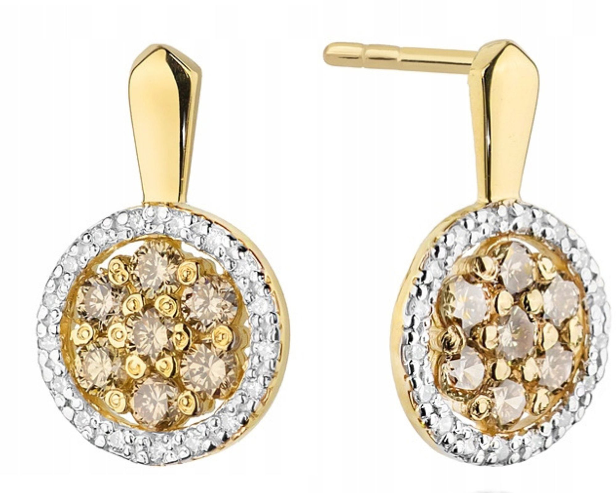 Zlaté náušnice s hnědými závěsnými brilianty 585