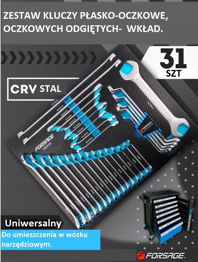 WKŁAD SZUFLADA DO WÓZKA KLUCZE OCZKOWO PŁASKIE GIĘTE 31ELEMENTÓW Wyposażenie w zestawie Tak