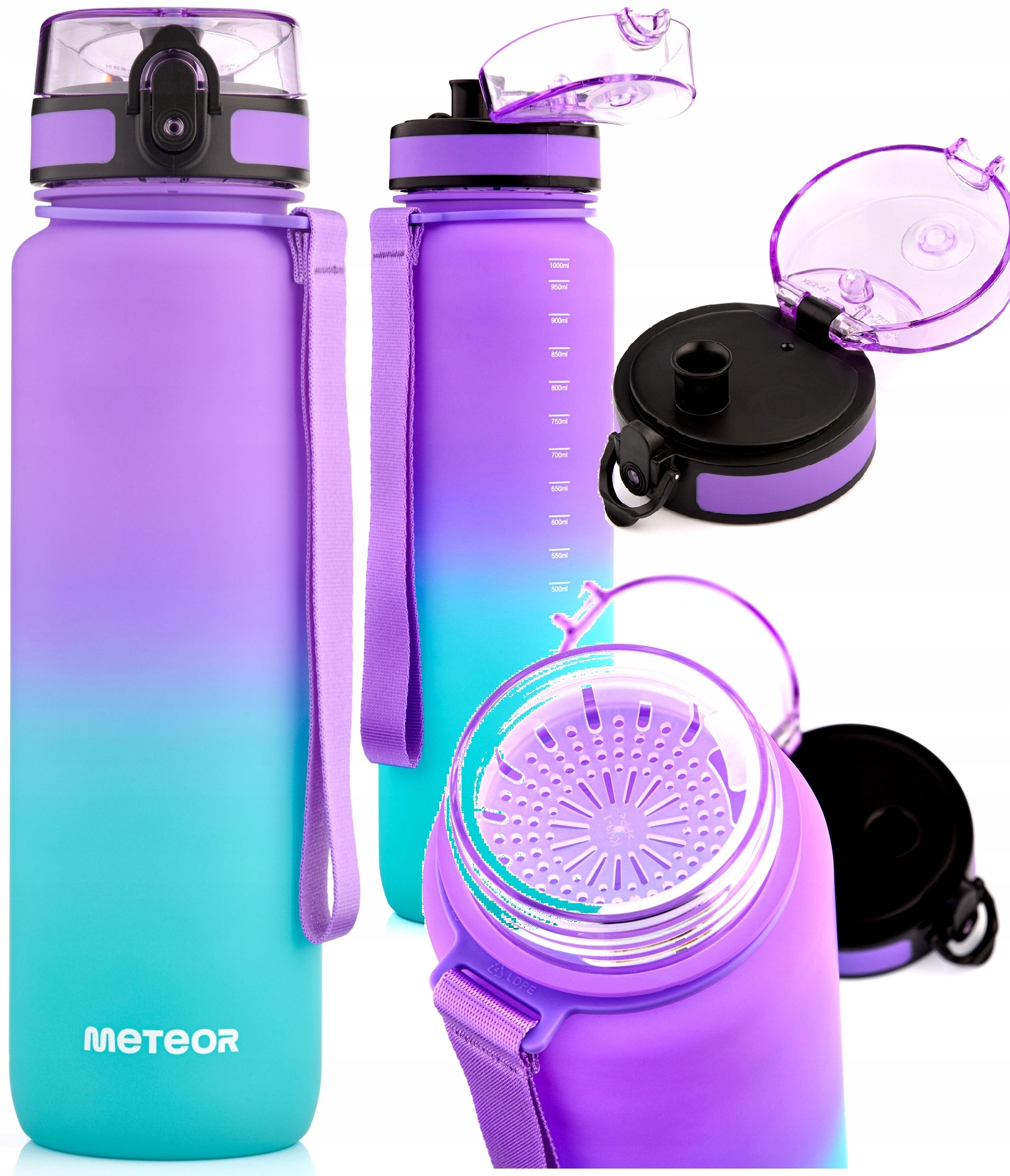 Bidon Meteor 1000 ML Tritan Sportowy Fioletowy Błękitny Z Sitkiem Miarką