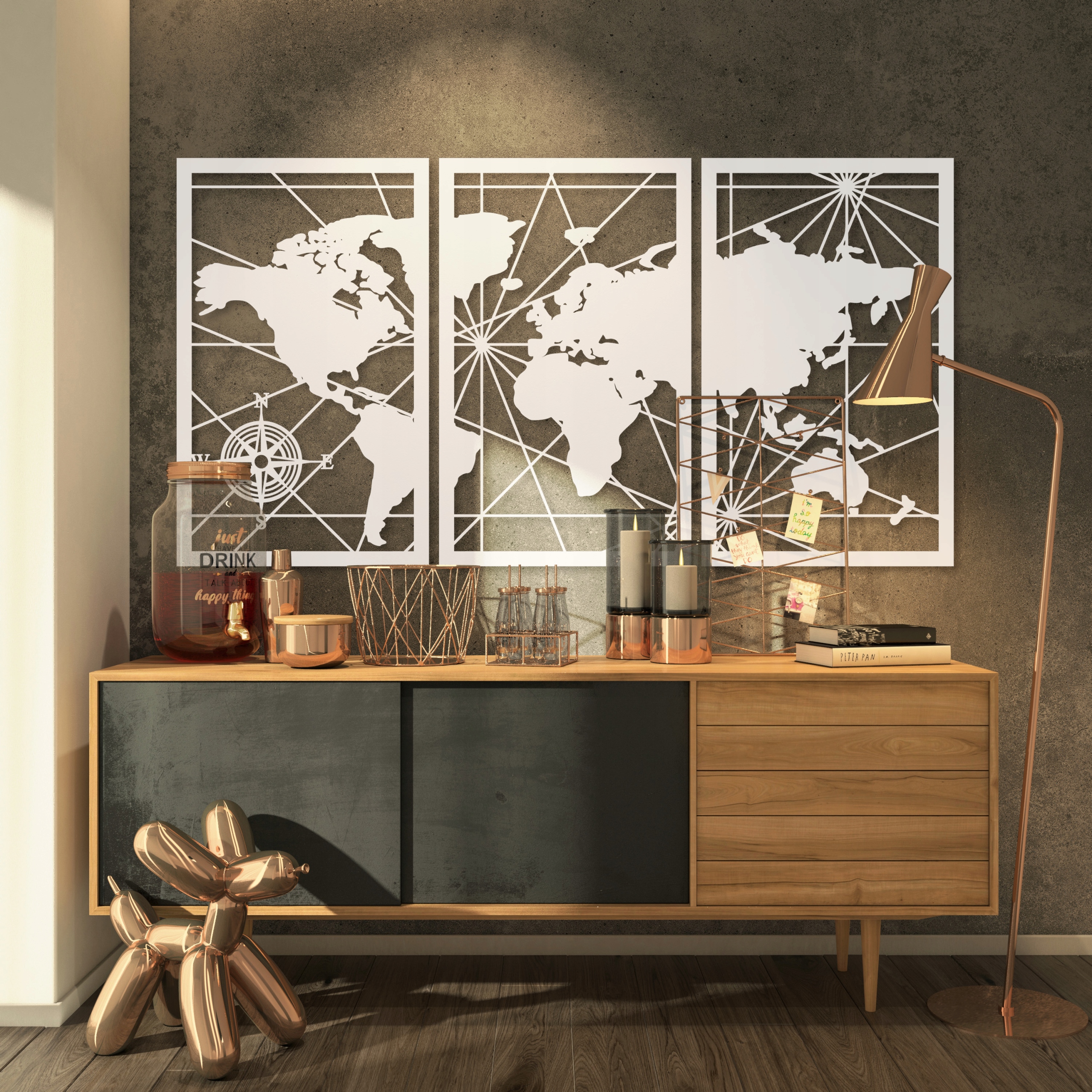 MAPA ŚWIATA 120 CM DREWNIANA MAPA ŚWIATA DUŻA XXL OBRAZY DO SALONU TRYPTYK Marka inna