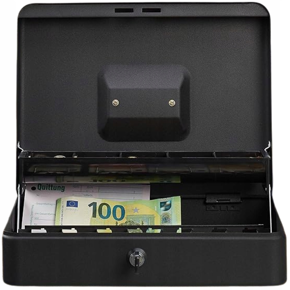 Kasetka Metalowa Sejf Na Pieniądze Utarg Banknoty Monety i Klucze Docisk