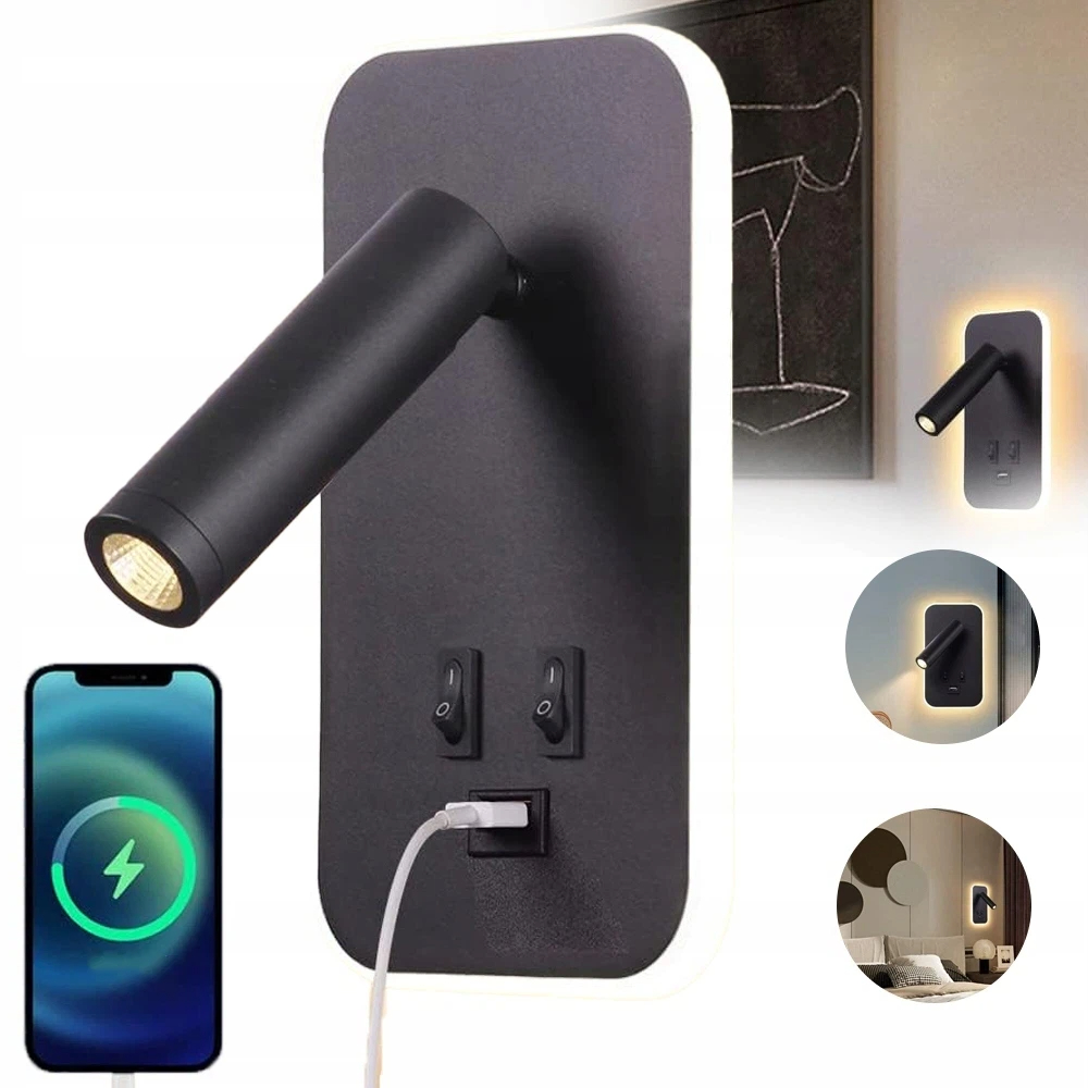 Led Lampa Na Čtení Nástěnná Usb Nabíjení Telefonu Regulace 330° Kancelář