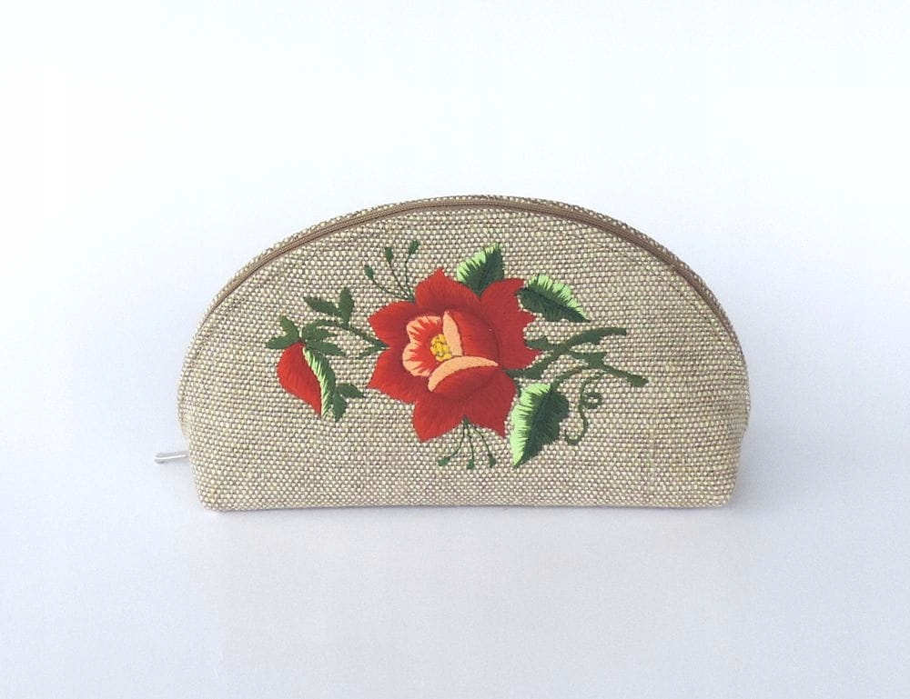 Lněná Kosmetická Taška Folk Rybářská Výšivka Červená Růže Ruční Práce
