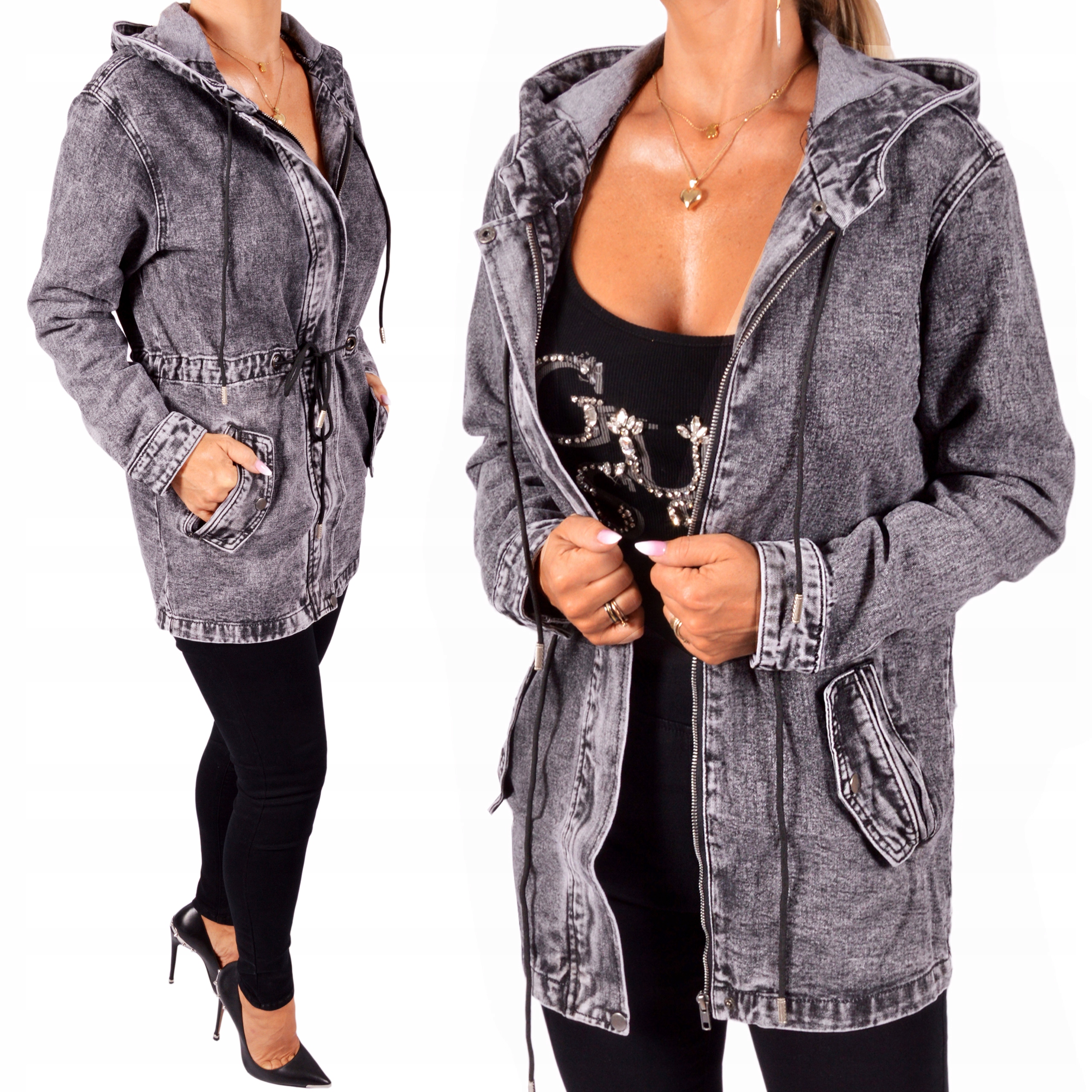 Katana Kurtka Jeans Parka Jeansowa Plus Size Zamek