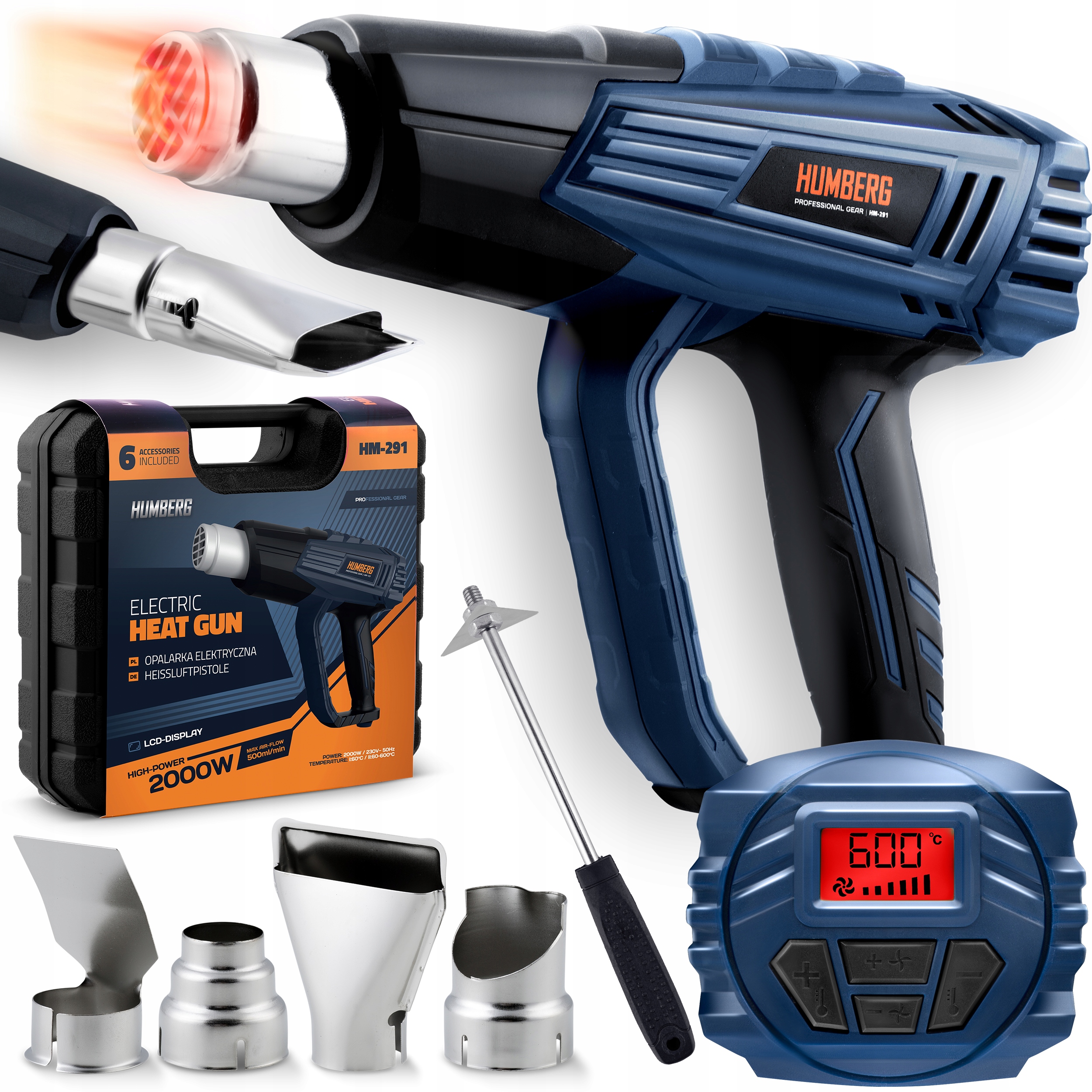 Opalarka Elektryczna 2000W Płynna Regulacja Temp 60-600C 4 Dysze Humberg