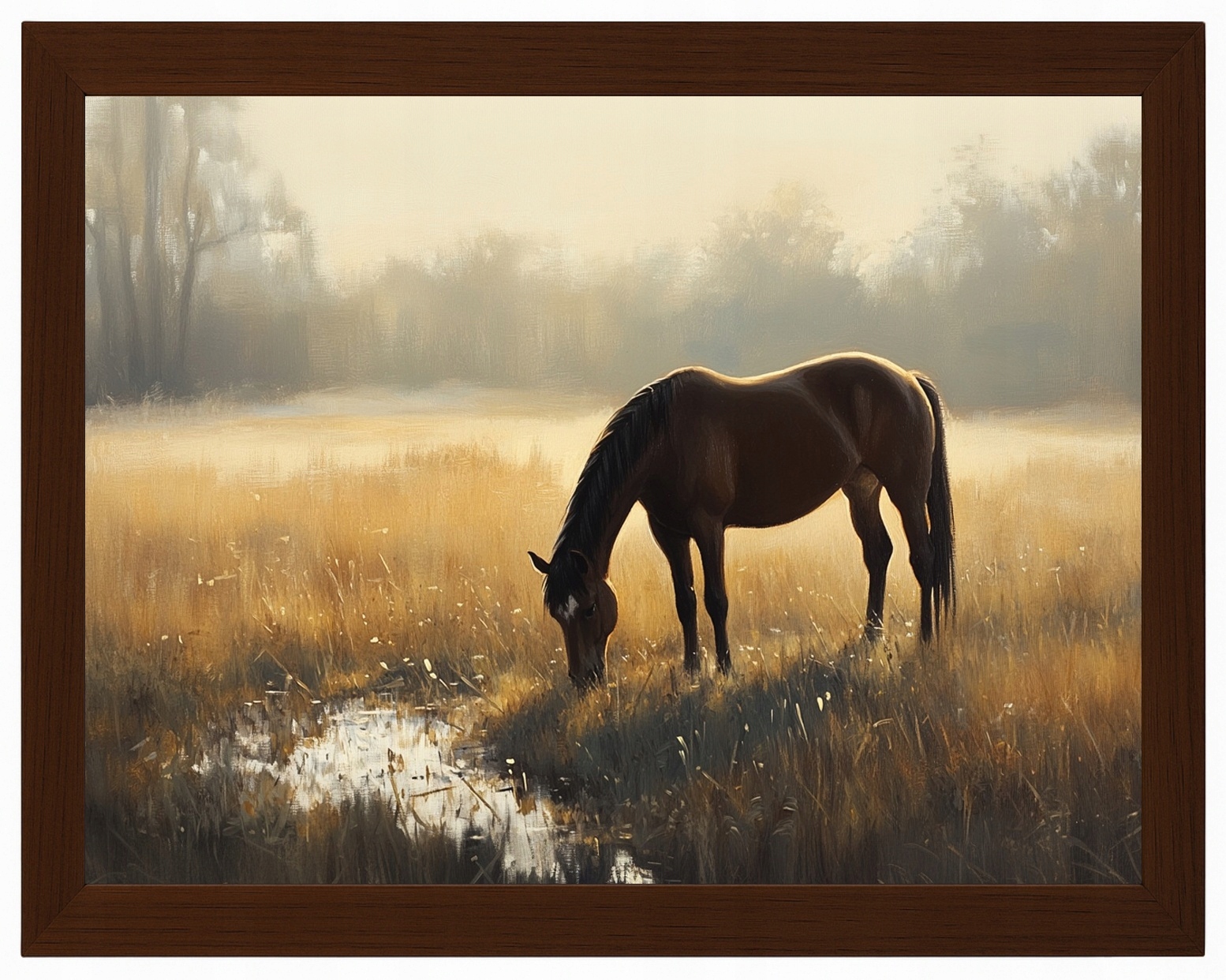 Plakát Rámeček Dřevo Krajina Venkovní Louka Kůň Kaštan Ráno Mlha 80x60