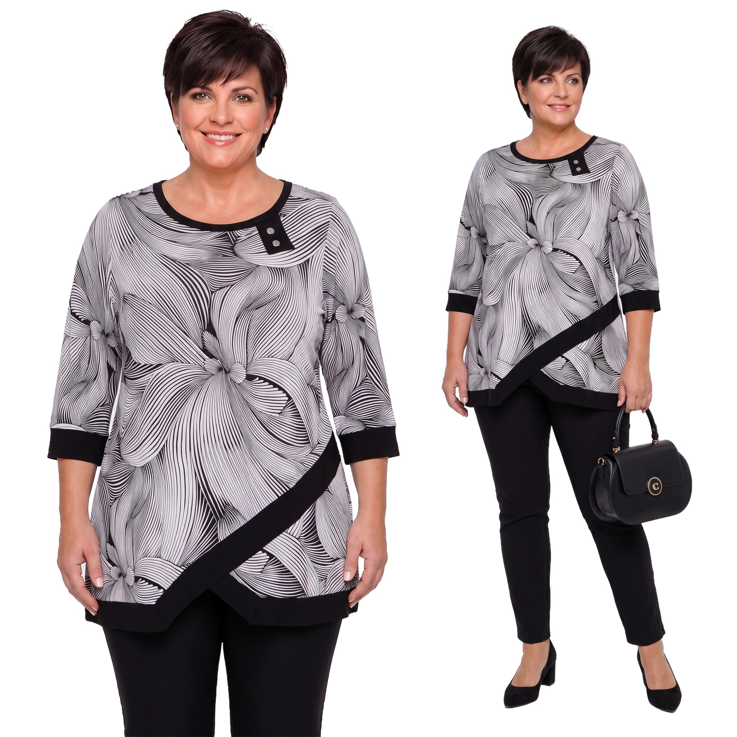 Tunika s asymetrickými vložkami, černobílé vzory plus size velikost 60/6