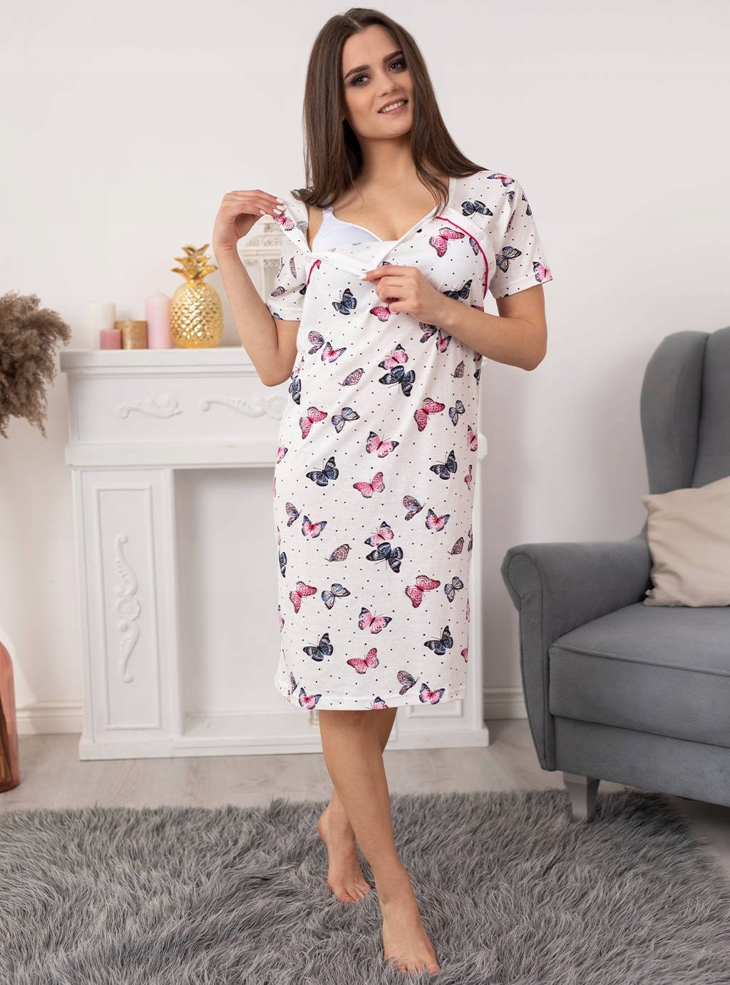 KOSZULA NOCNA PIŻAMA CIĄŻOWA PORODU KARMIENIA XXL Rękaw krótki rękaw