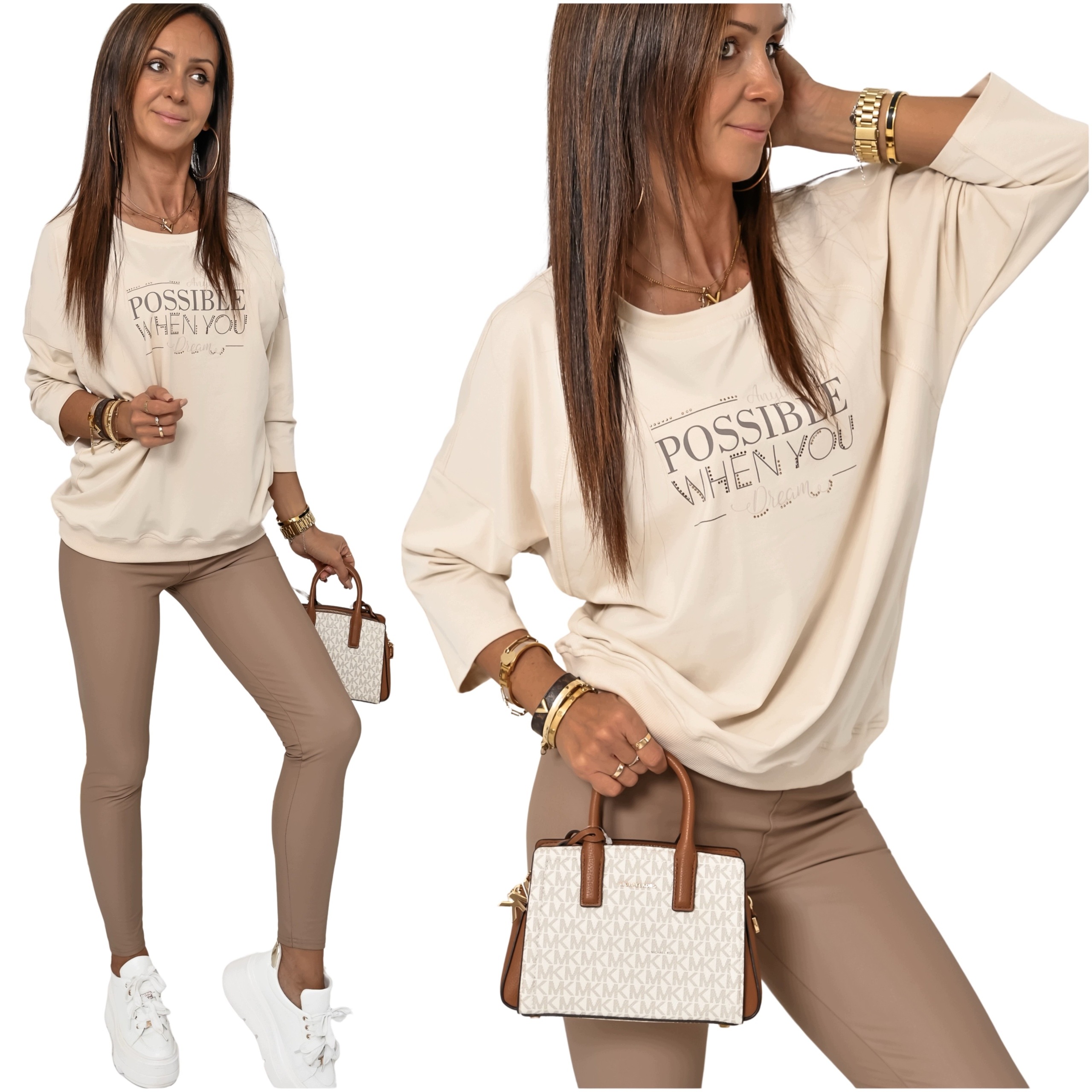 Bluzka Damska Oversize Z Napisem Luźna Rękaw 3/4 Possible! WZ.1