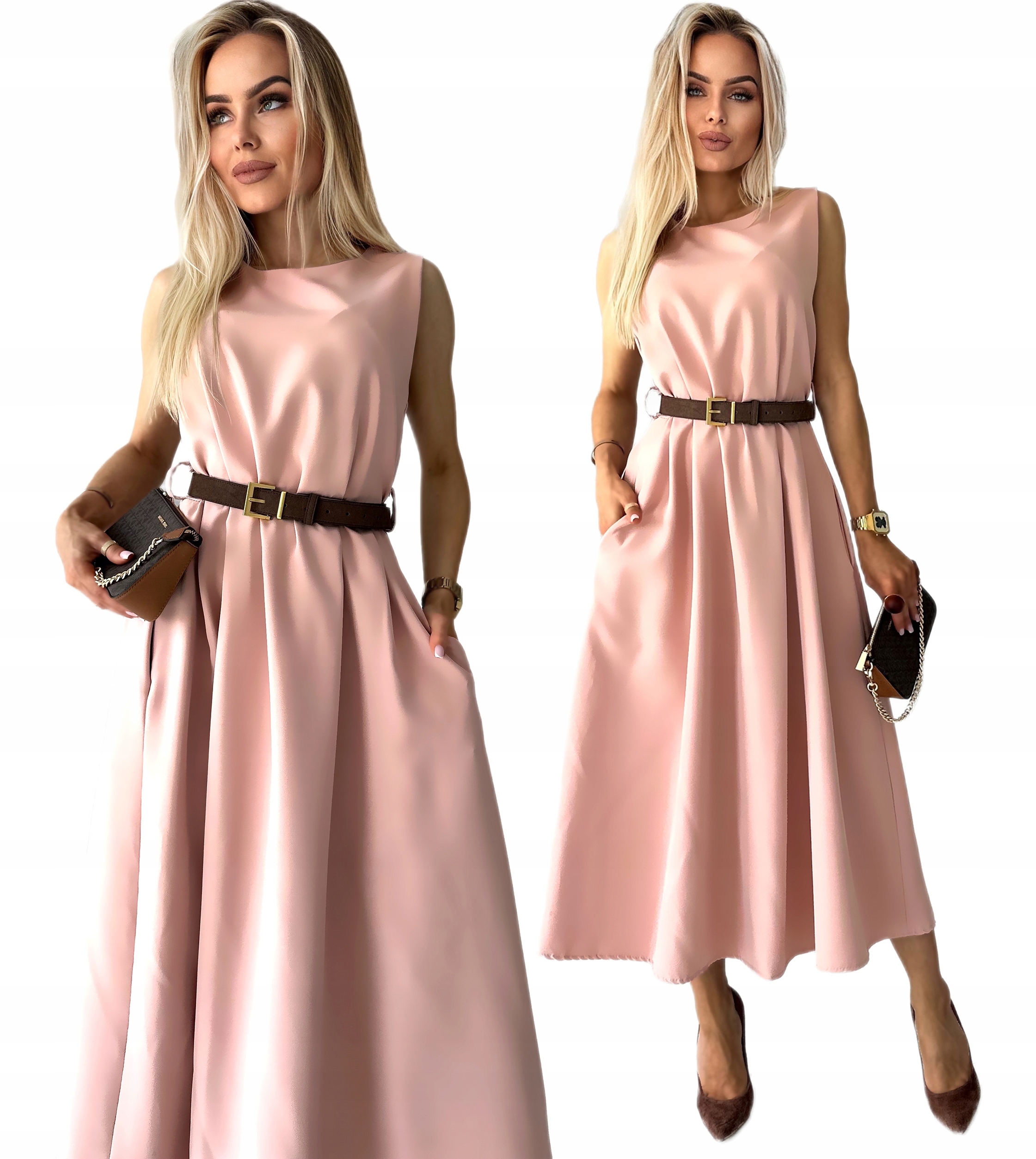 Sukienka Damska rozkloszowana kieszenie pasek premium Dolores