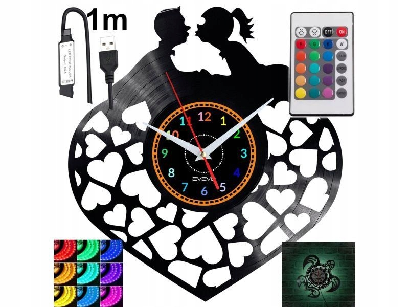 Valentýnské nástěnné hodiny s Rgb Led podsvícením na dálkové ovládání Vinylová deska Nově