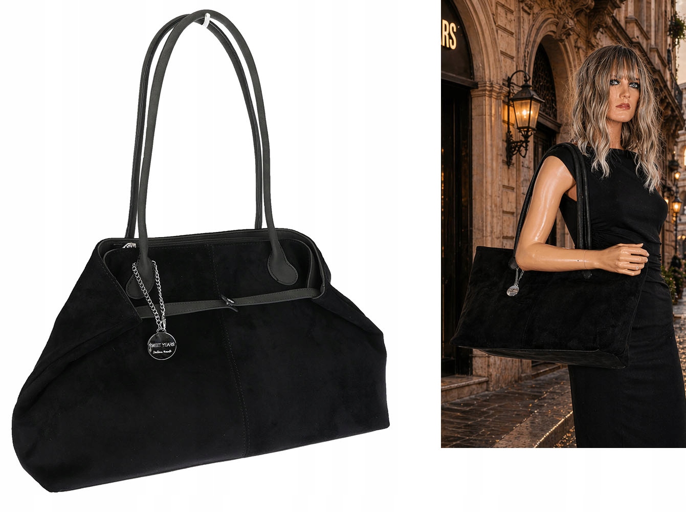 Dámská semišová kabelka shopper 2v1 elegantní lehká taška OS116 Černá