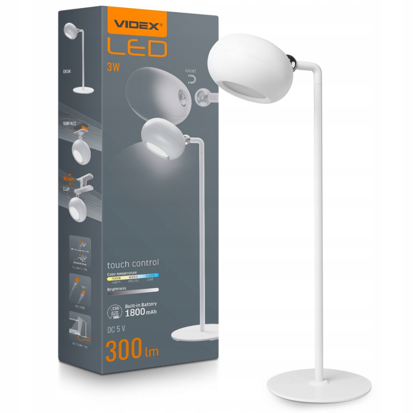 Nabíjecí Led stolní lampička Videx 3v1 bílá 300lm akumulátor 1800mAh
