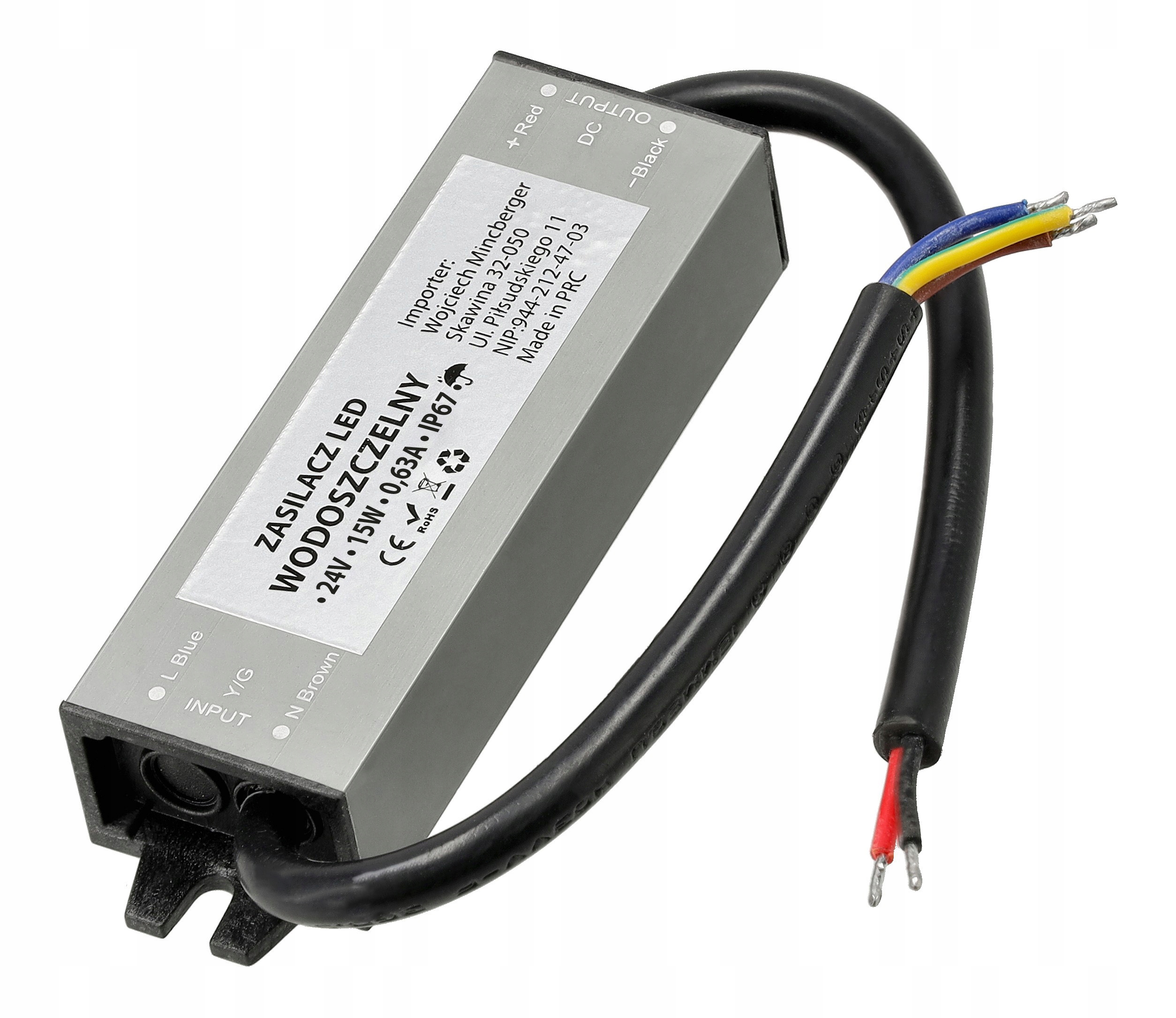 Zasilacz Led 24V Wodoszczelny Hermetyczny 15W 0,63A IP67 Do Taśmy Led Cob