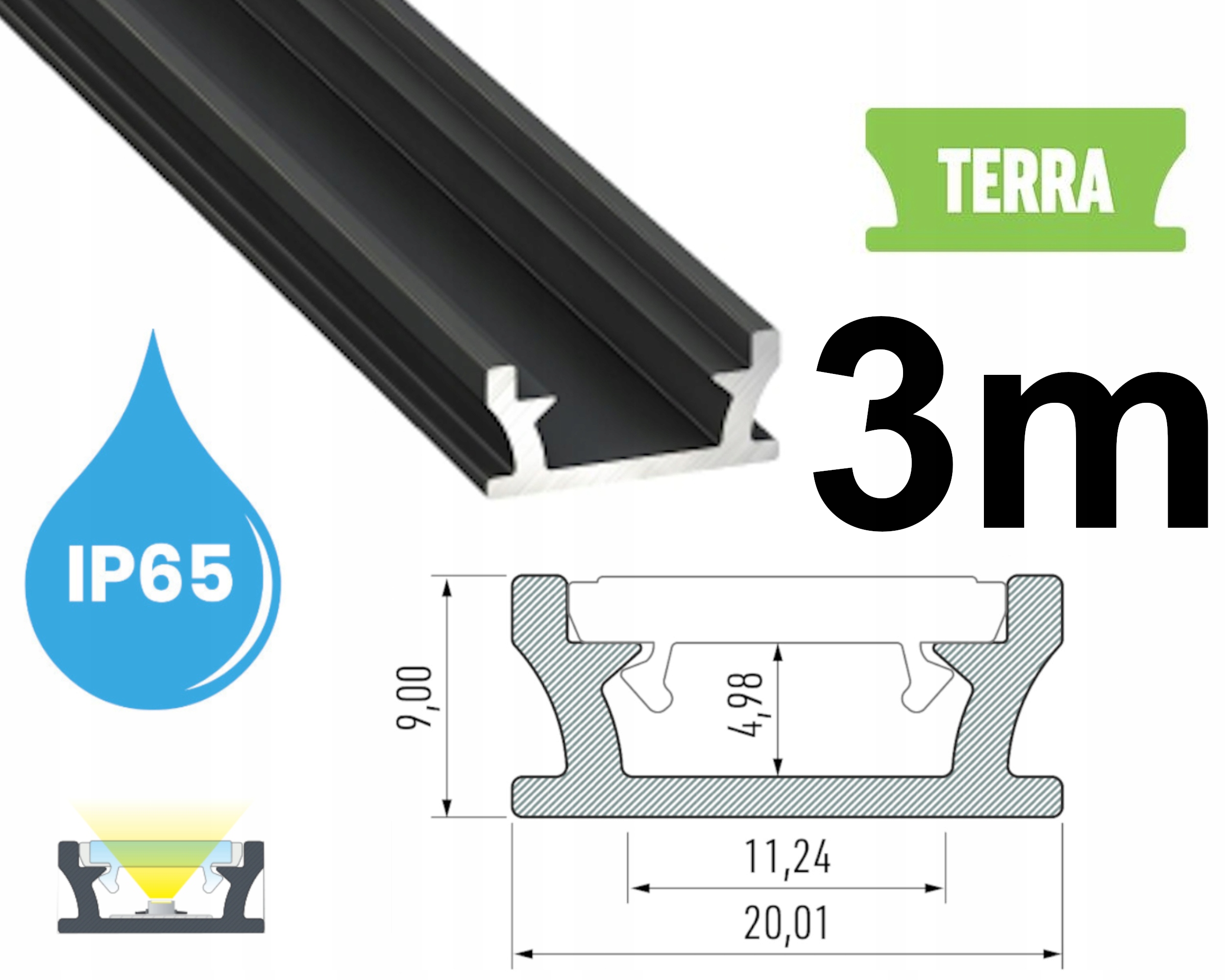PROFIL WODOODPORNY DO TAŚM LED 3m TERRA CZARNY IP65 / IP67