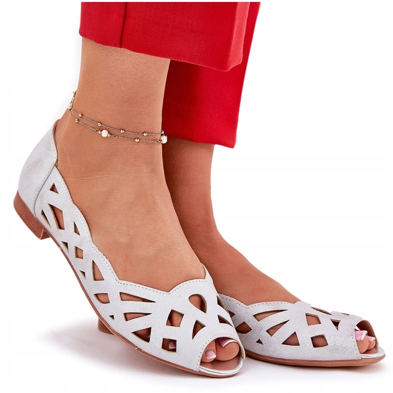 Ažurové Baleríny Na Plochém Podpatku S Odhalenými Špičkami, Stříbrné, Velikost 37