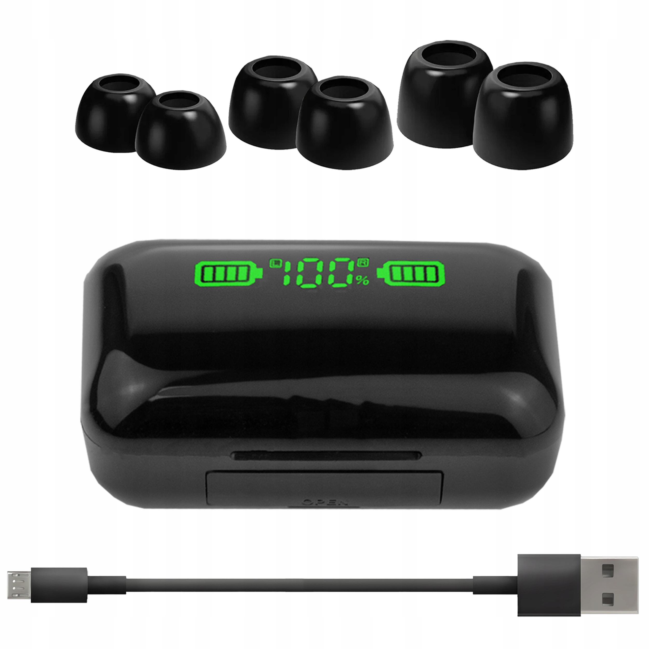 SŁUCHAWKI BEZPRZEWODOWE douszne BLUETOOTH z mikrofonem POWERBANK 20m DOTYK Szerokość produktu 7.5 cm