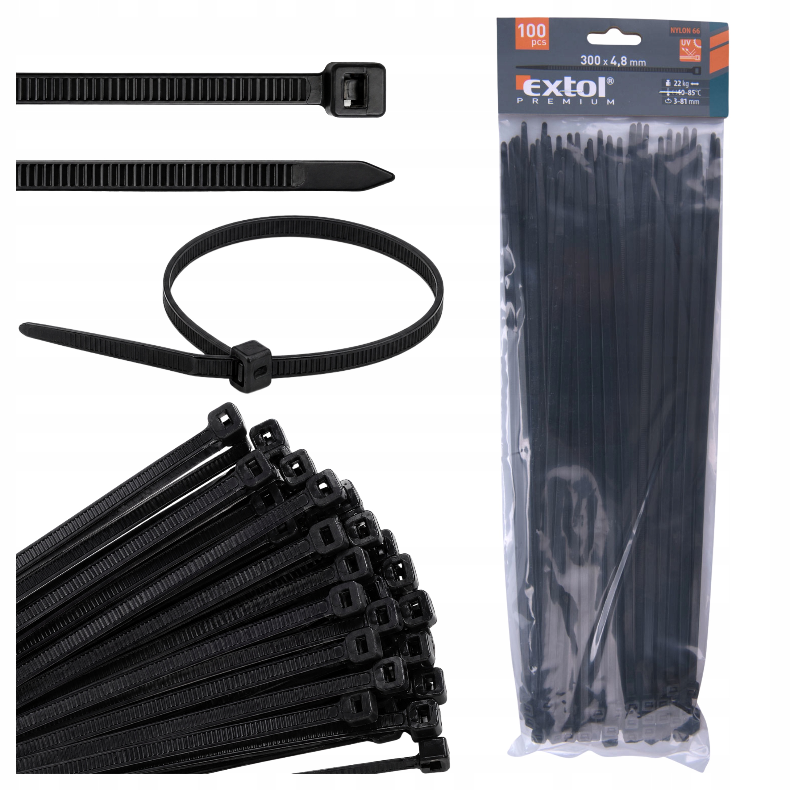 Opaski Zaciskowe Trytytki Czarne Zestaw 300x4,8mm 100 szt. Nylon Wytrzymałe