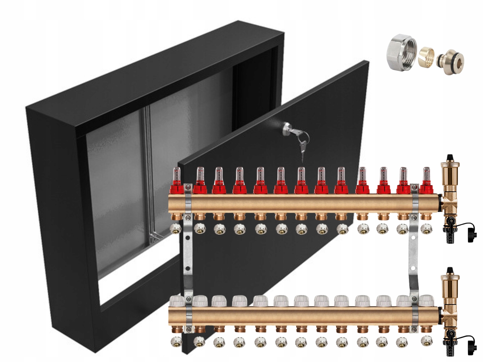 Mosazný Rozdělovač 13 Sekcí Pex Spojky Nástěnná Skříňka Černá