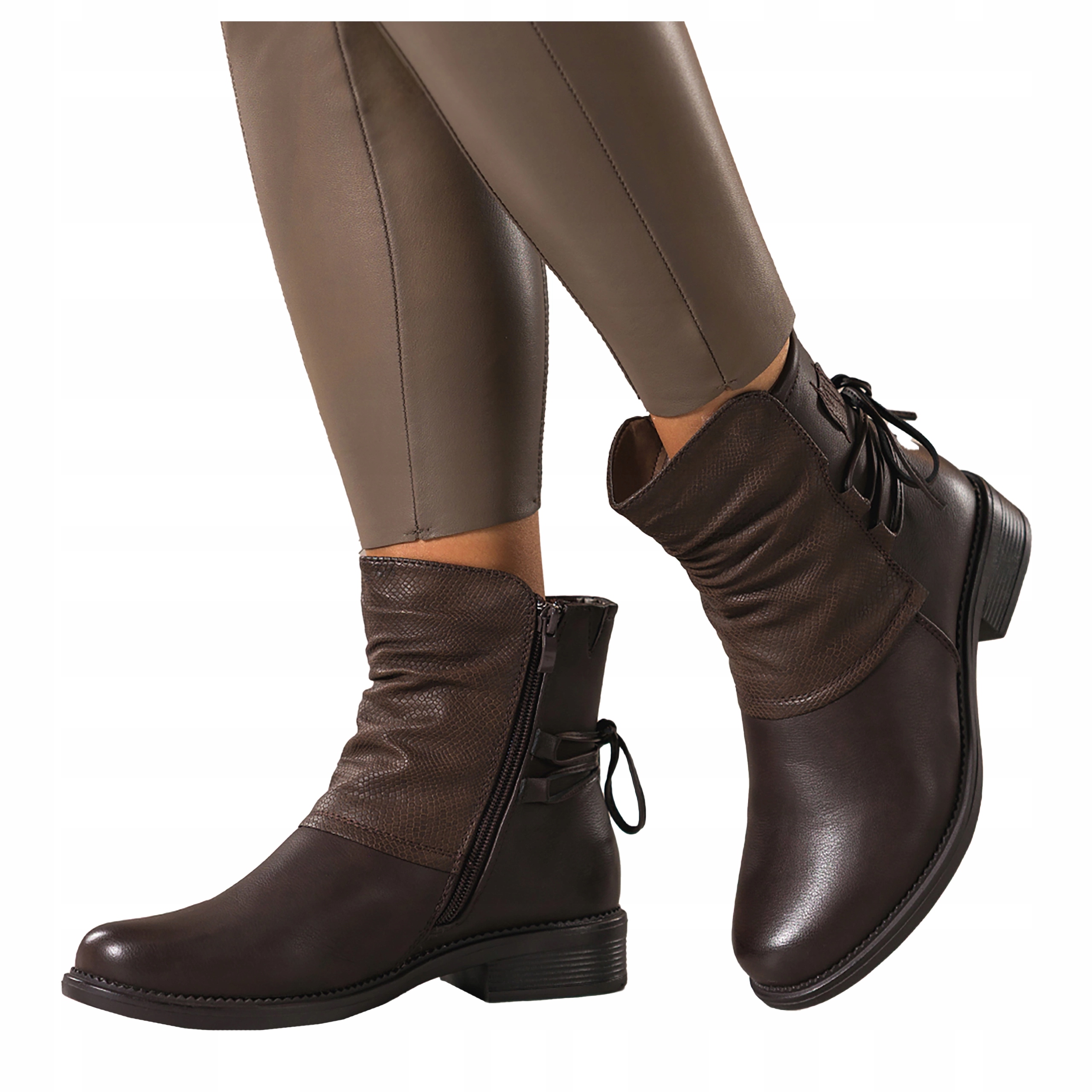 Kotníkové Boty Čokoládové Dámské Pohodlné Nízký Podpatek Ozdobné Vázání Módní vel. 40