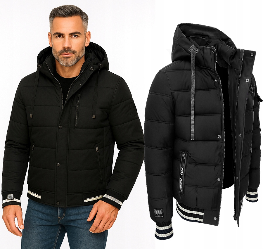 Kurtka Męska Z Kapturem Puchowa Ocieplana Zimowa Pikowana Czarna M