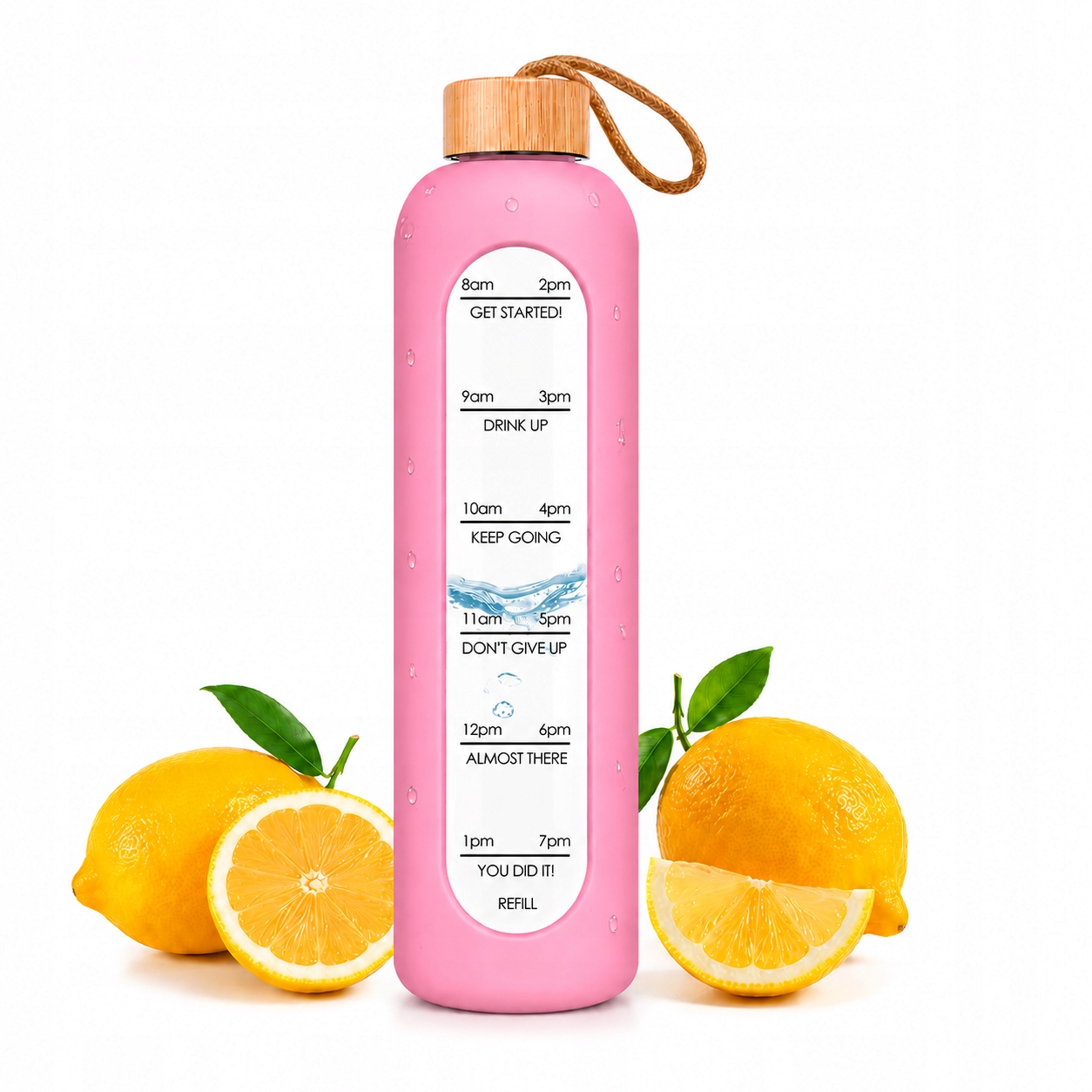 Szklana Butelka Na Wodę 750 ML Silikonowe Etui Motywacyjna Miarka Bidon Róż