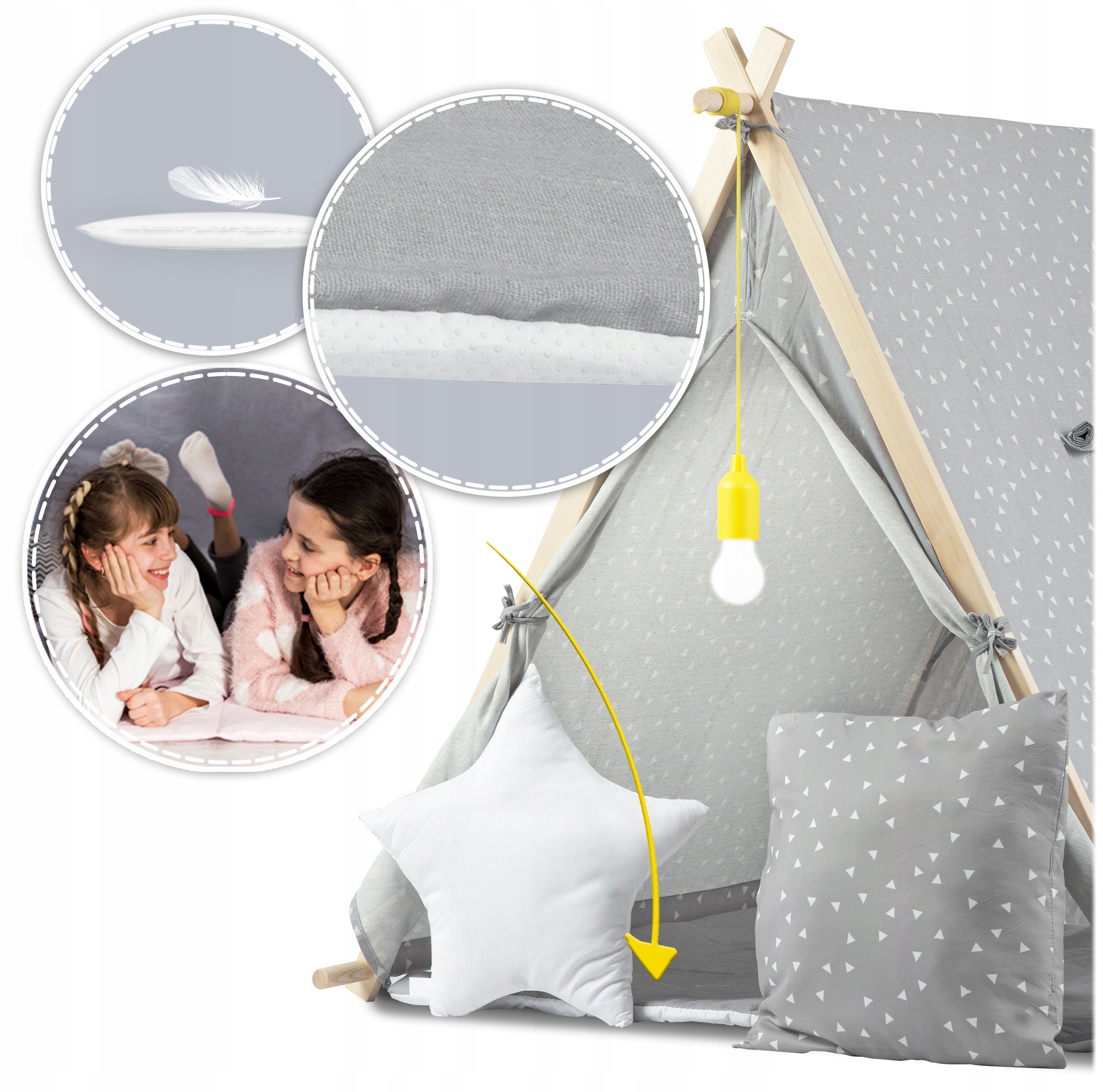 TIPI namiot dla dzieci DOMEK Poduszki LAMPKA LED Bawełna PREMIUM Nukido Kolor odcienie szarości i srebra