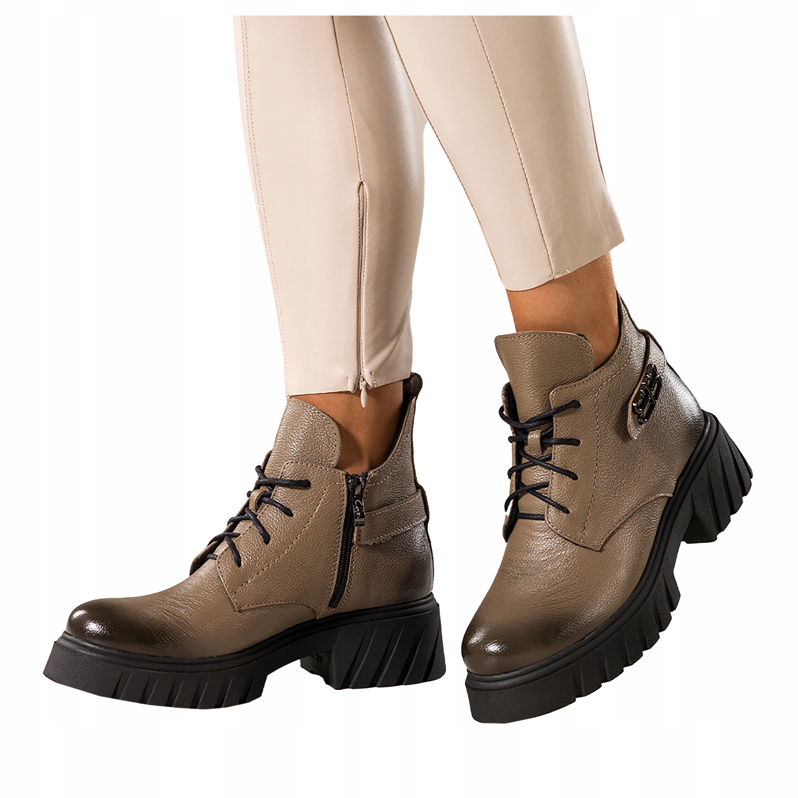 Kotníkové Boty Béžové Kožené Dámské Pohodlné Vykrojený Svršek Šněrovací r 36