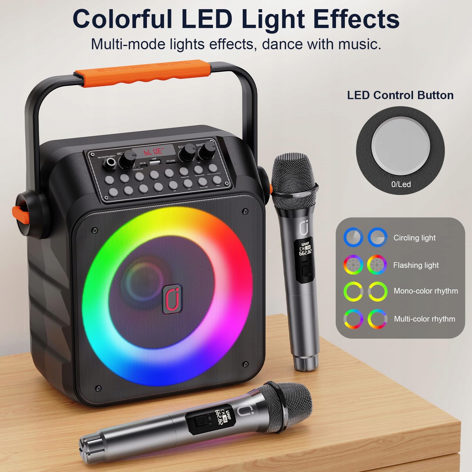 HWWR Karaoke Zestaw Z 2 Bezprzewodowymi Mikrofonami RGB Światła Partybox — miniatura 4