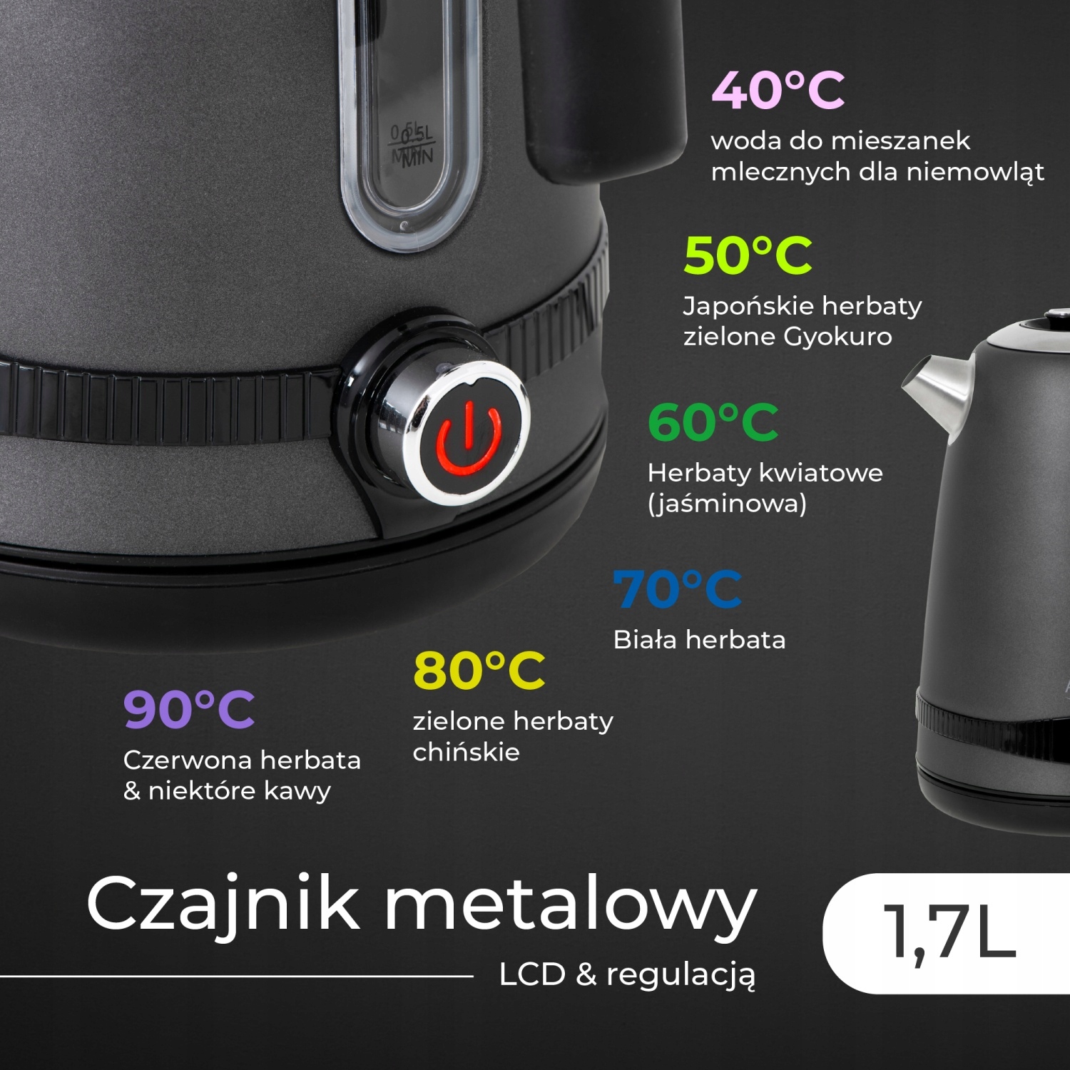 Czajnik Metalowy Adler AD 1295G 1,7L z LCD i Regulacją Temperatury