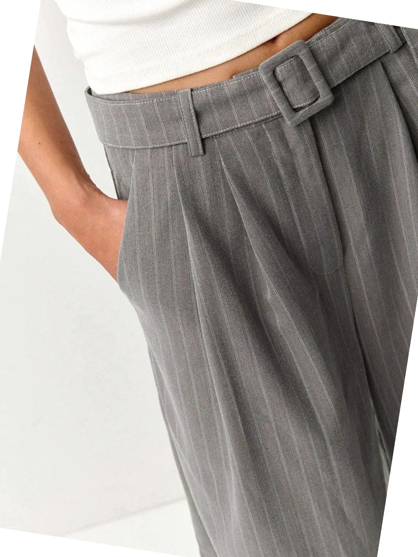 Dámské návštěvní kalhoty s pruhy a páskem Wide Leg Šedé S 36