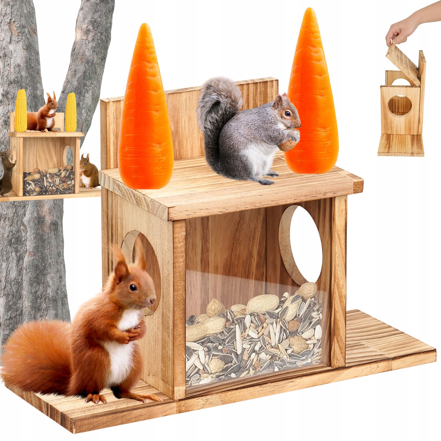 Levně Dřevěné Krmítko Pro Veverky S Průhledným Krytem Pro Zavěšení