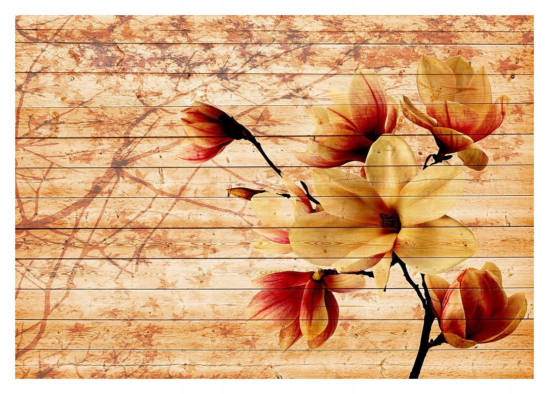 Vliesová fototapeta Magnolie květiny a dřevo na prkna 300x210 lepidlo