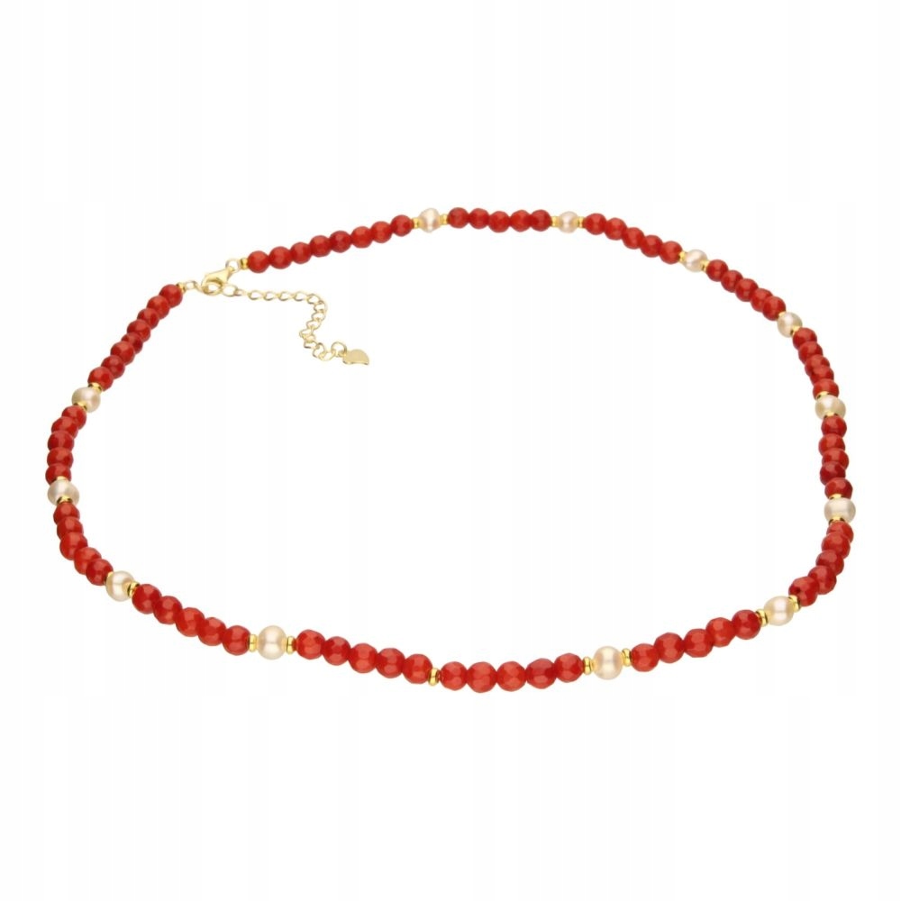 Stříbrný pozlacený náhrdelník 925 jadeit červený a perličky, stylový a elegantní