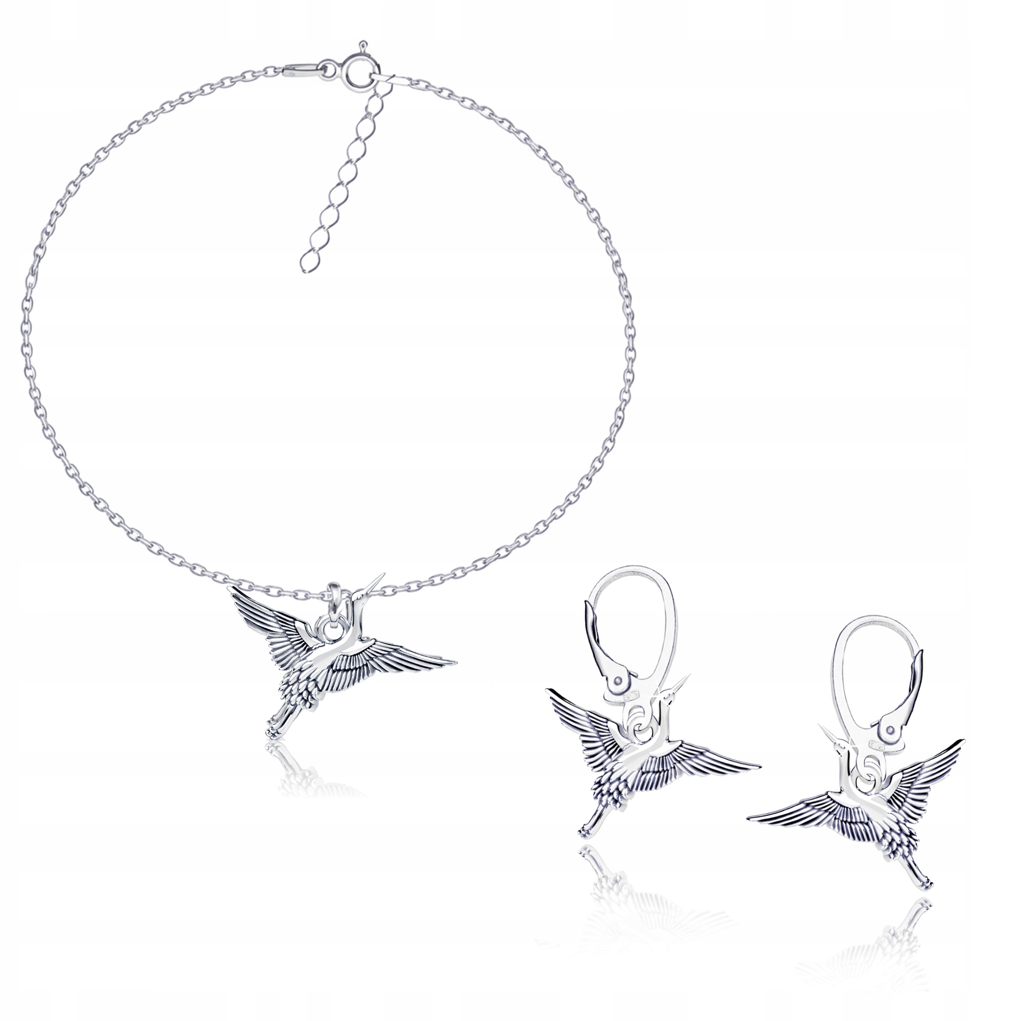 Pták Žuraw Jeřáby Sada šperků ankr stříbro 925