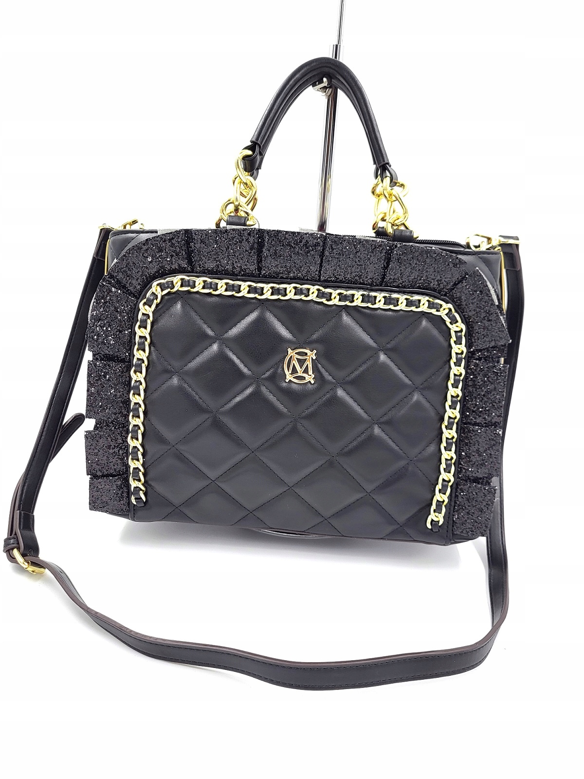 Dámská Kabelka Kufřík Massimo Contti Prošívaná Černá Volánek Brokat