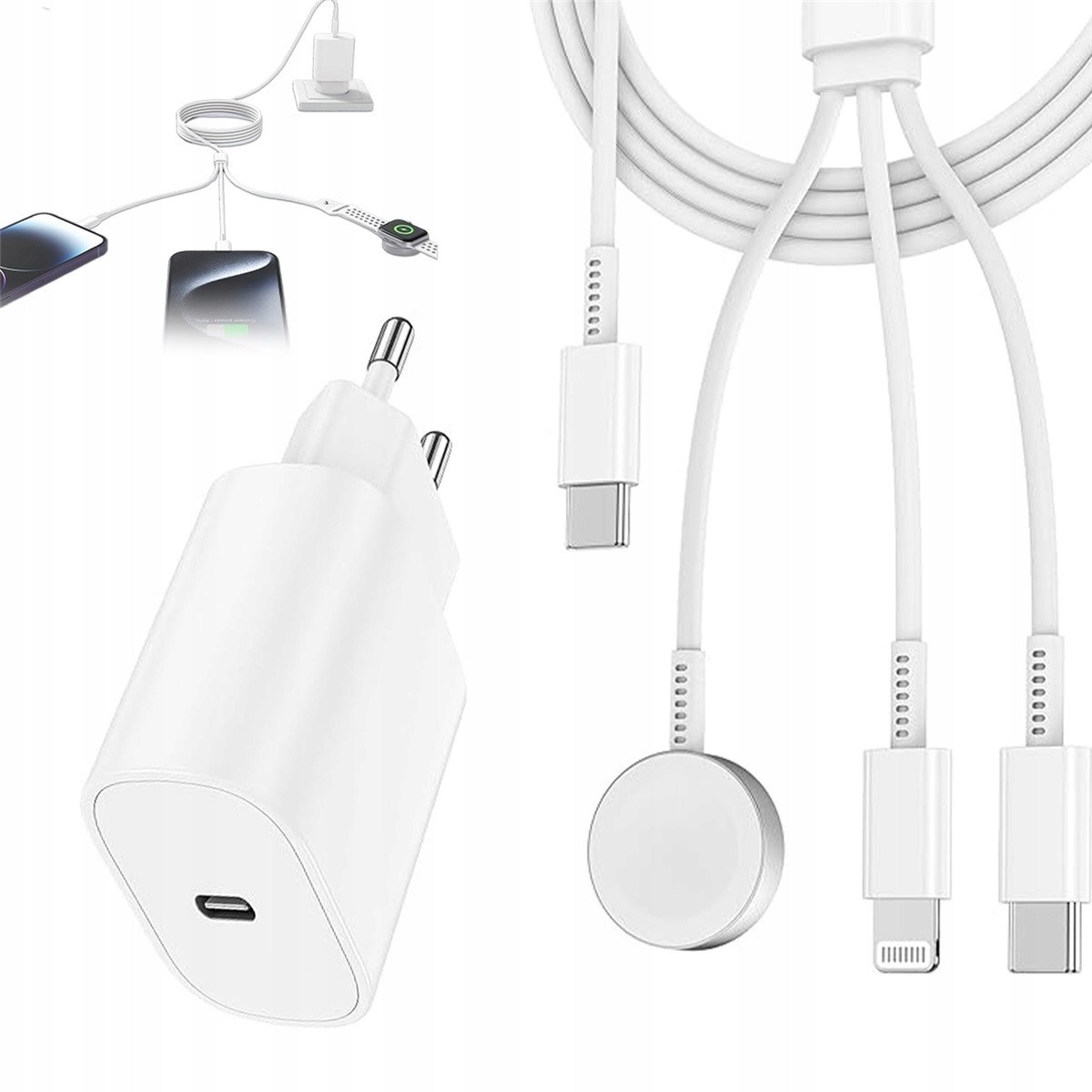KABEL ŁADUJĄCY 3W1 DO APPLE WATCH IPHONE 15 PRO MAX Z MAGNETYCZNYM MODUŁEM