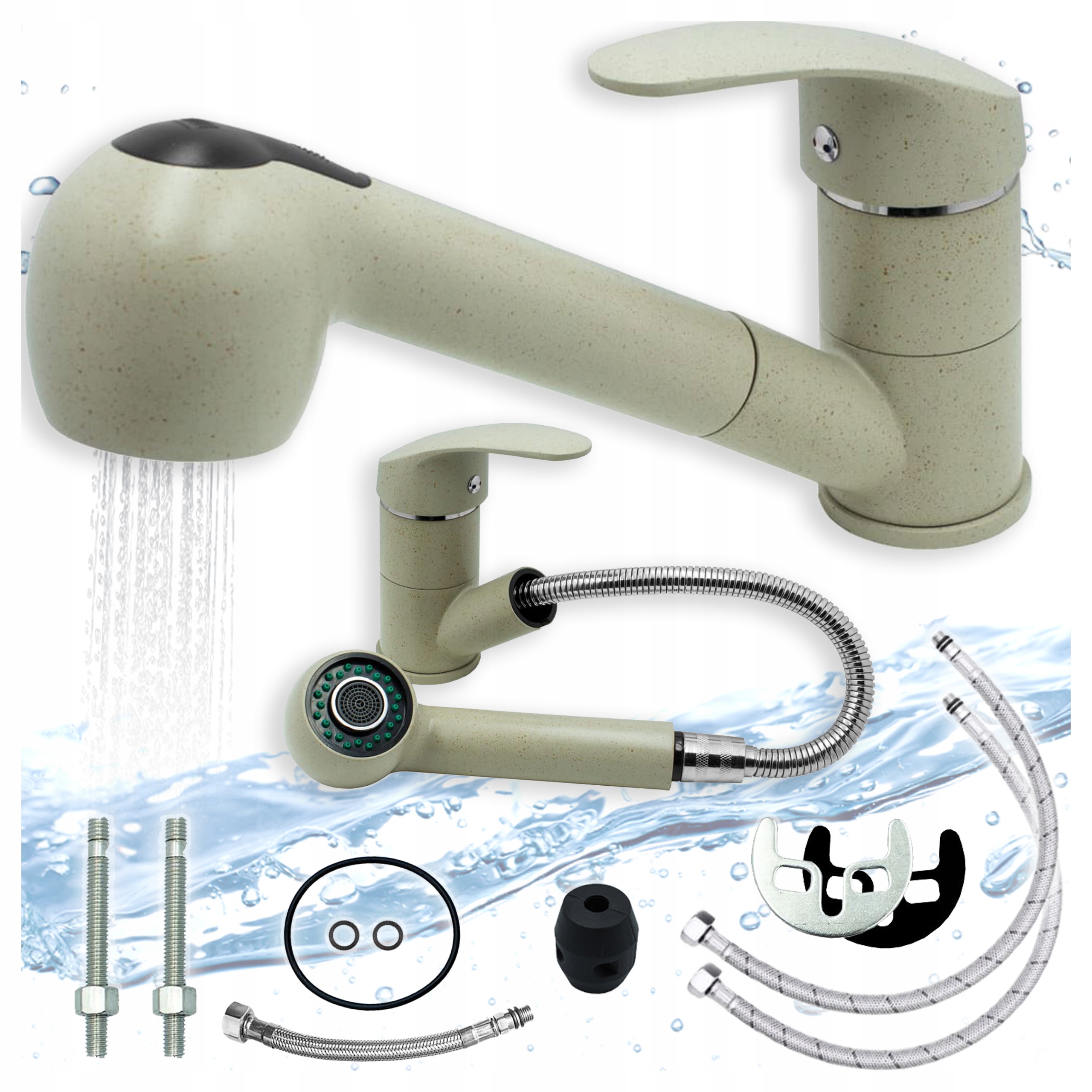 Kuchyňská Stojánková Baterie Béžová Vytahovací Sprcha Kohoutek Dvoufunkční Dřez