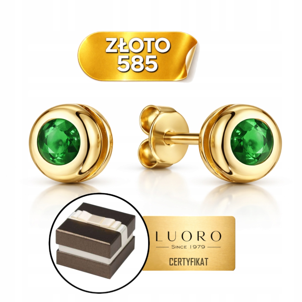 Náušnice Zlaté 585 14K Zelený Kámen Tyčinka Jemná 4,5 MM