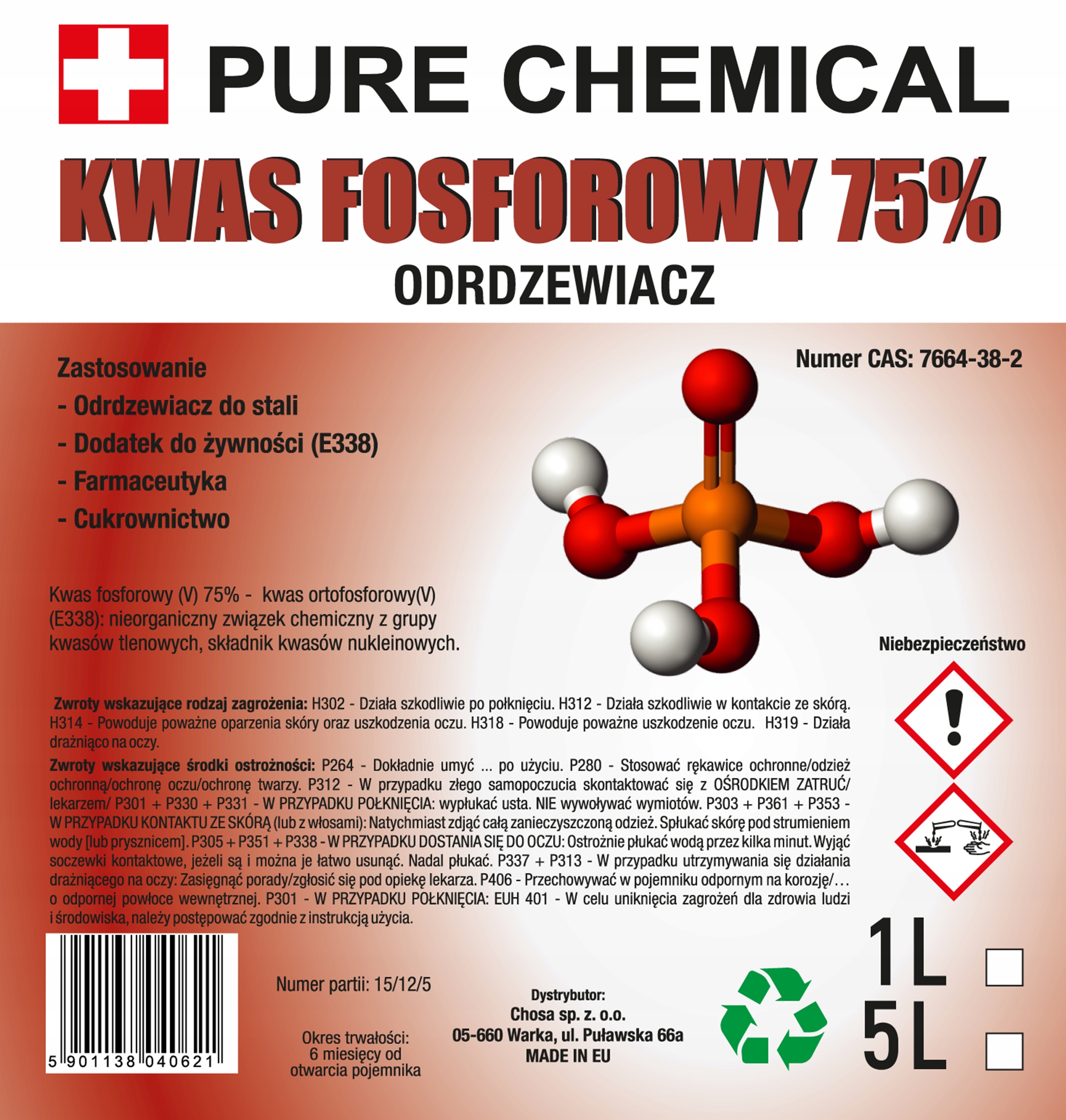 ODRDZEWIACZ DO STALII ŻELIWA KWAS FOSFOROWY 5L 75% Pojemność opakowania 5000 ml