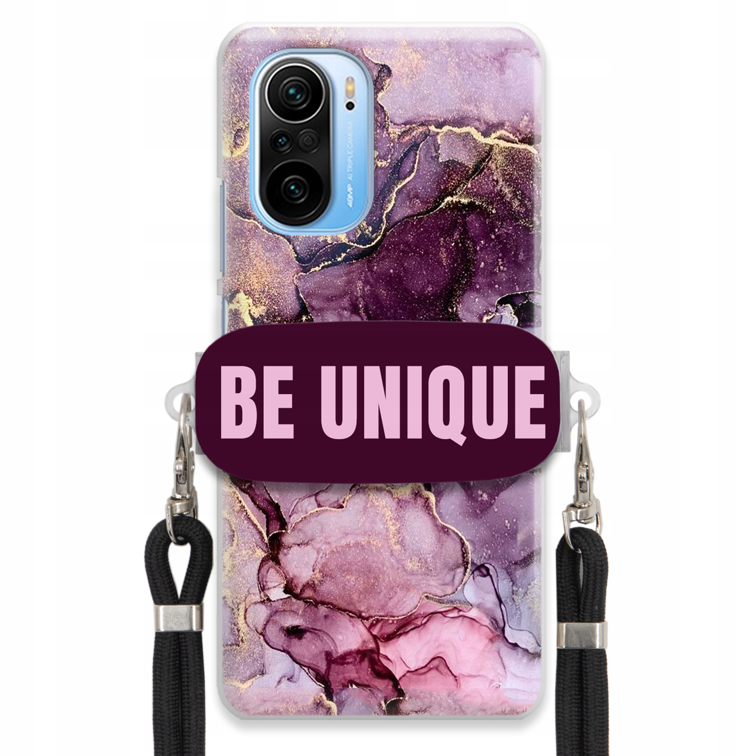 Puzdro pre Xiaomi Poco F3 držiak na šnúrku Čierna Fialová Mramor Be Unique
