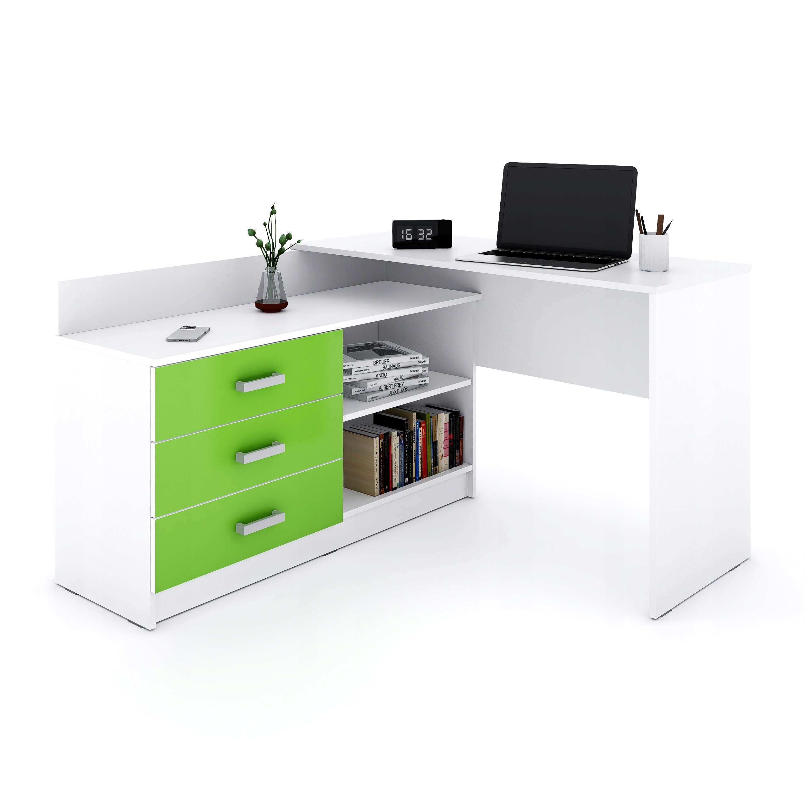 Rohový psací stůl L 120 x 131 cm 3 zásuvky pro mládež Alto limetka