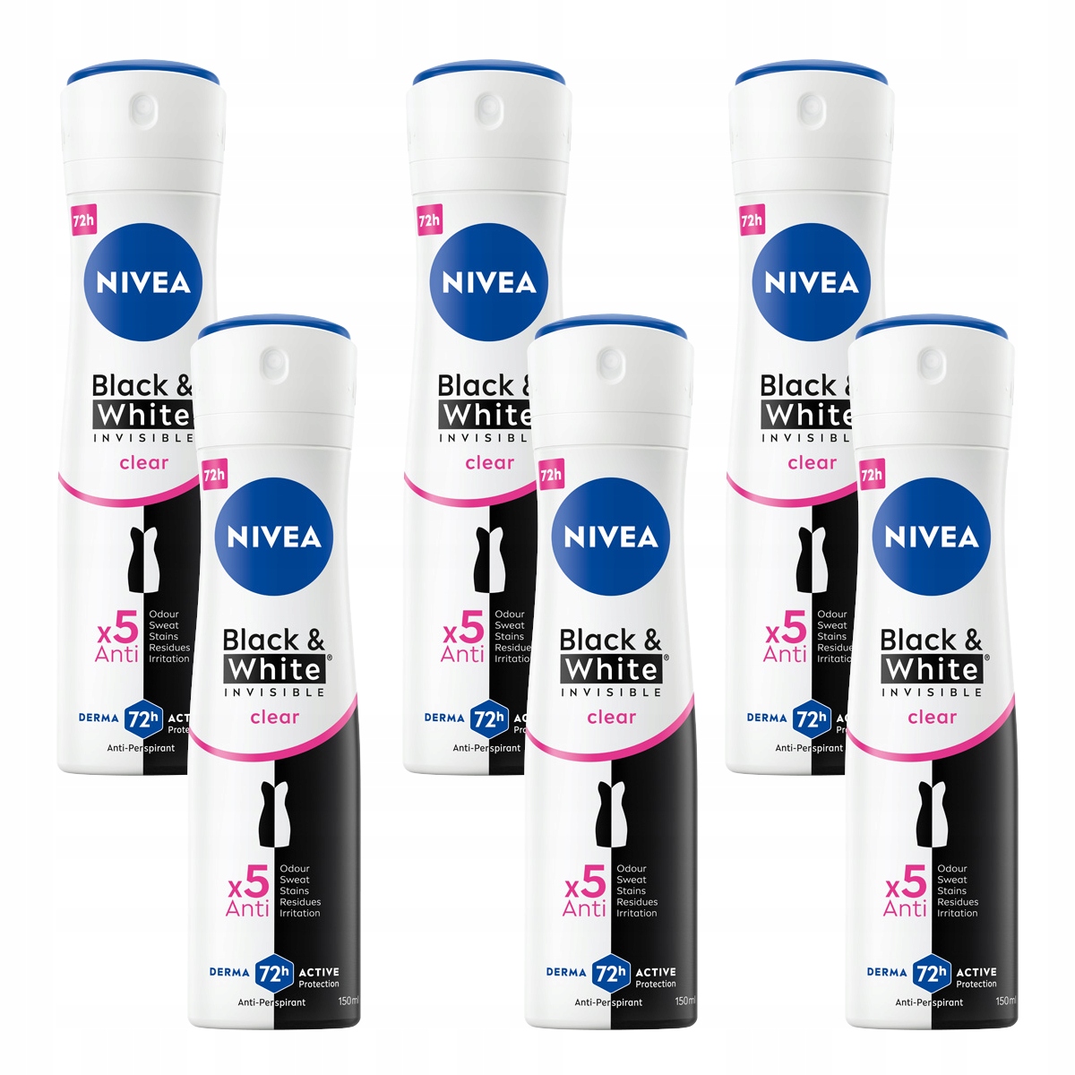 Zestaw Nivea Black & White Clear Damski Antyperspirant w sprayu 6 x 150 ml