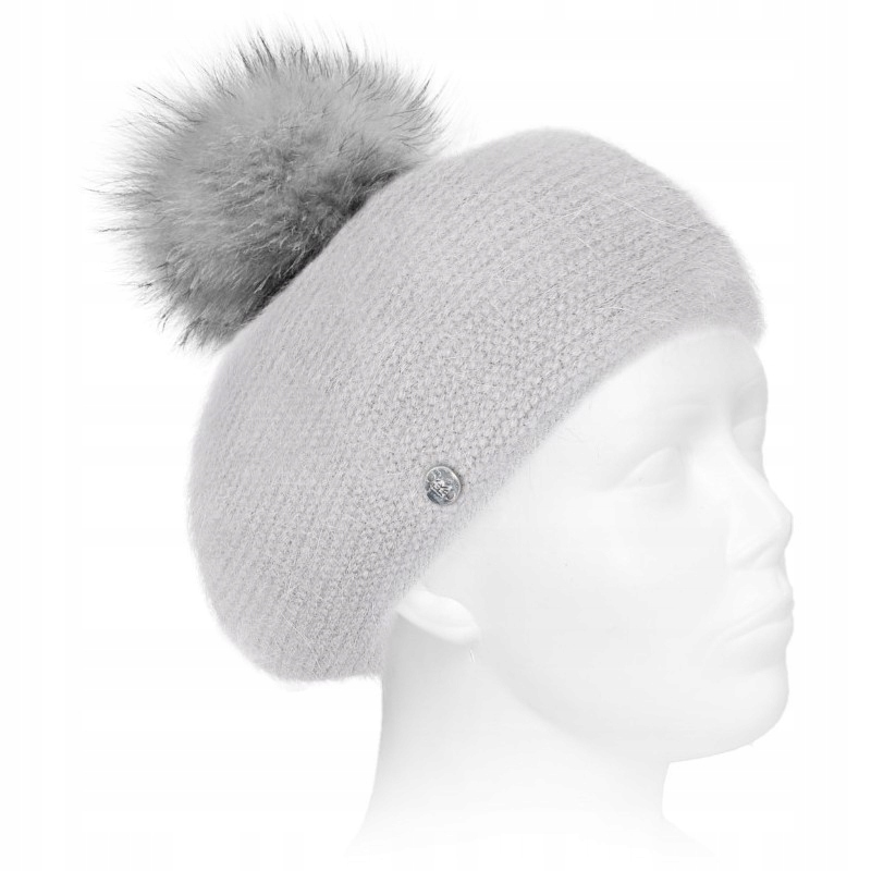 Baret Dámský Čepice s přírodním pomponem Vlněný s Angorou Šedý Mýval Pl