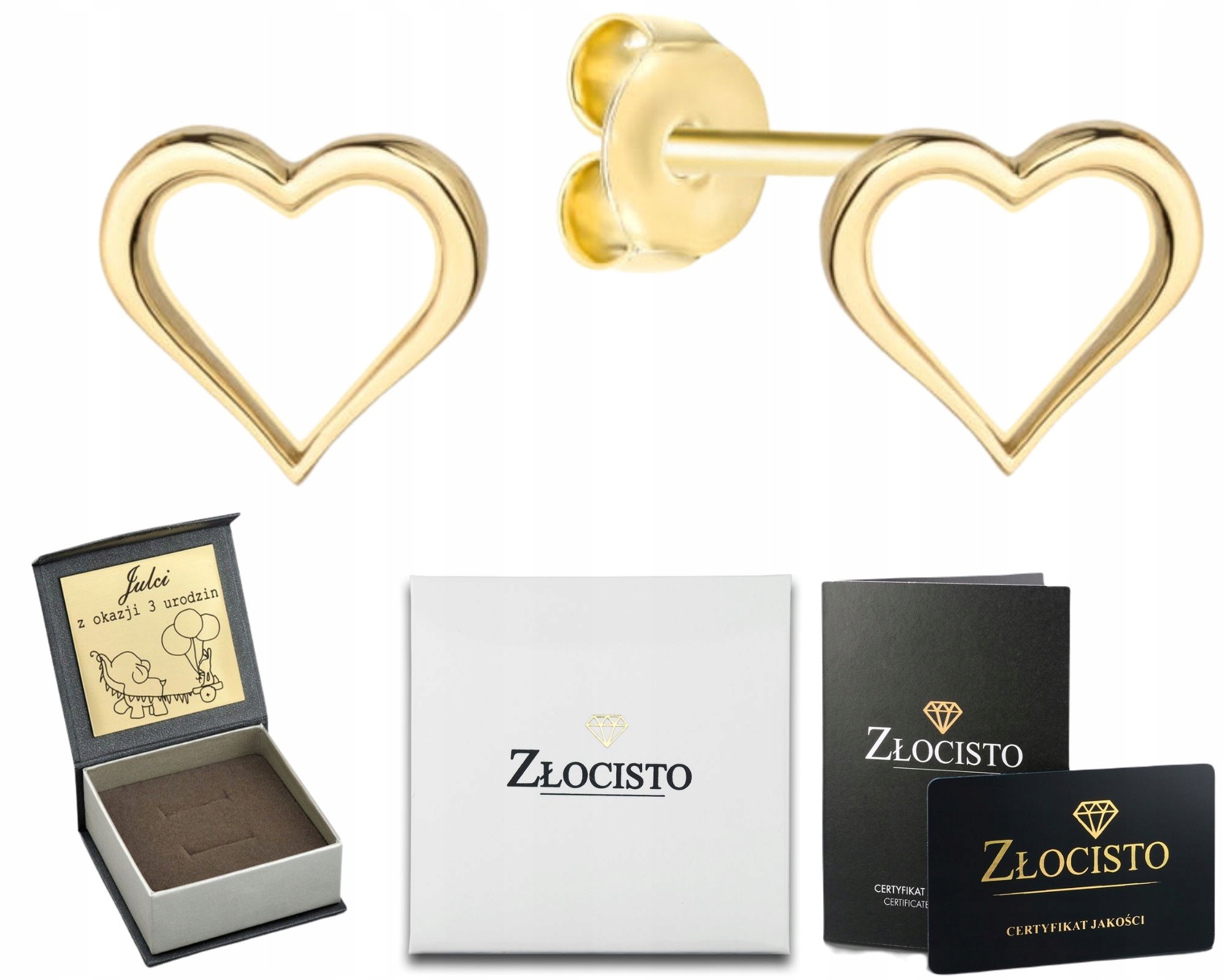 Zlaté Náušnice Jemné obrysy srdcí na tyči Zlato 585 Dárek Gravírování